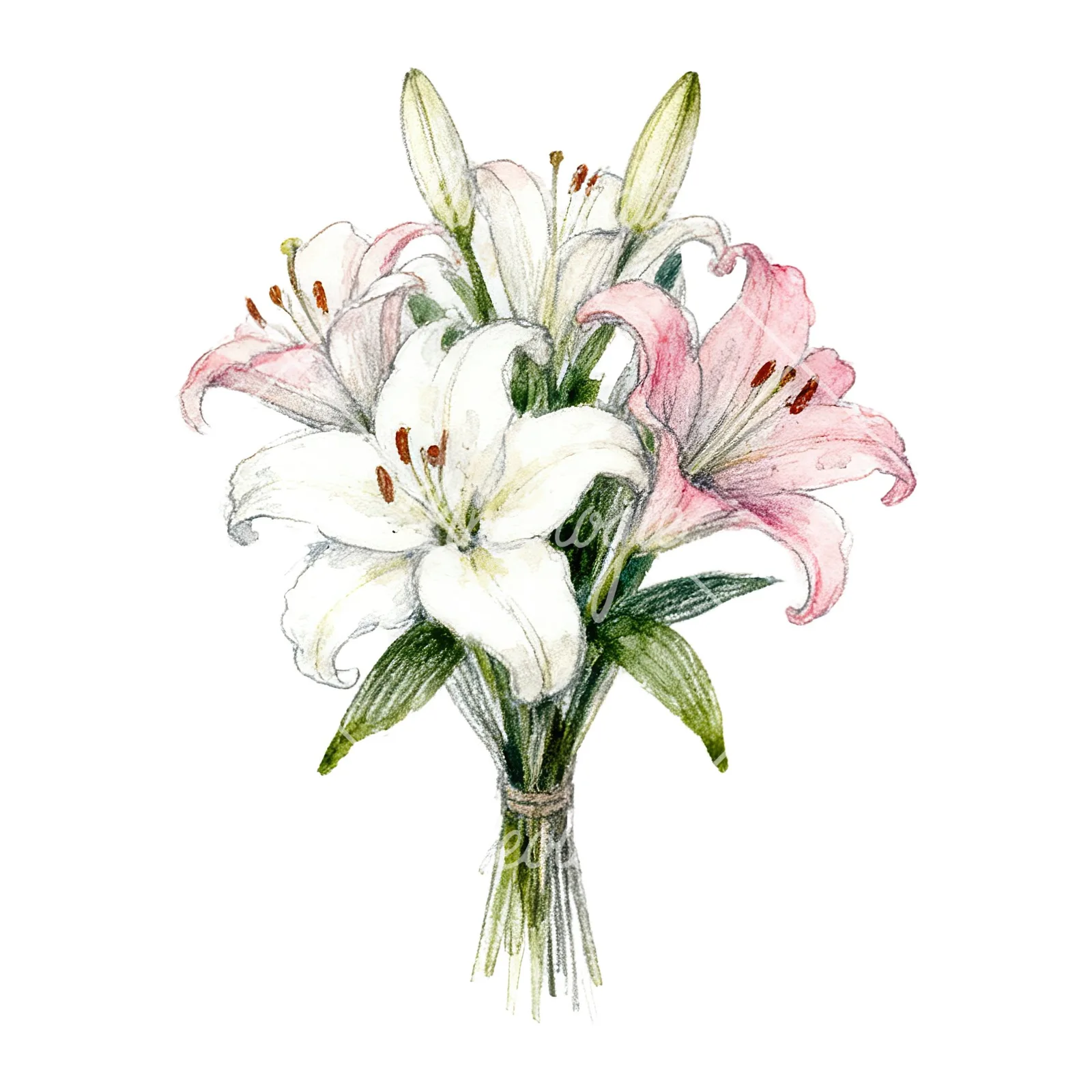 Watercolor lily bouquets pink white clipart 7 of 9 on a white background (JPG)