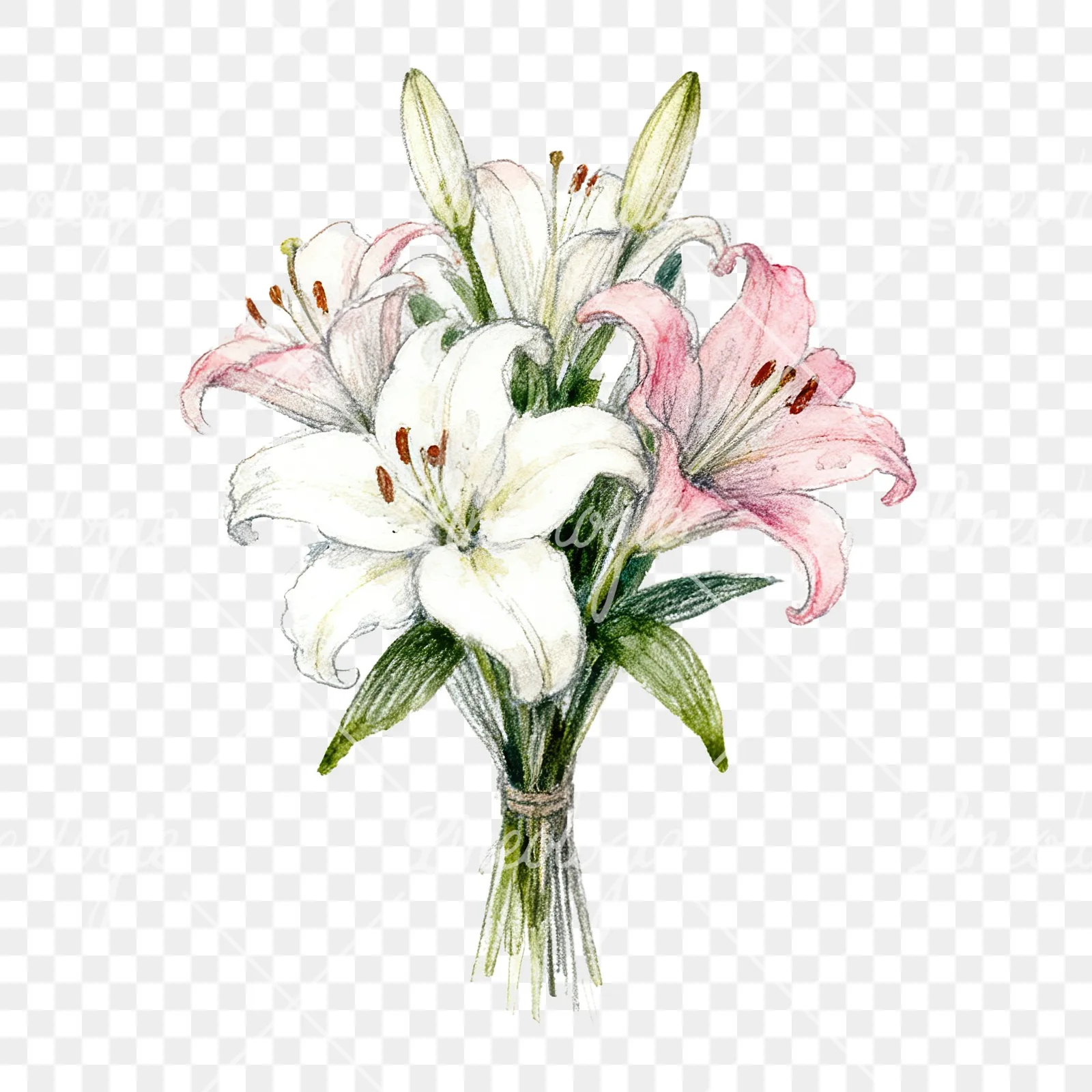 Watercolor lily bouquets pink white clipart 7 of 9 on a transparent background (PNG)
