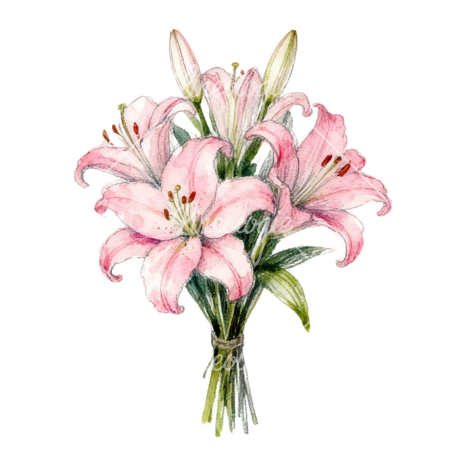Watercolor lily bouquets pink white clipart 9 of 9 on a white background (JPG)