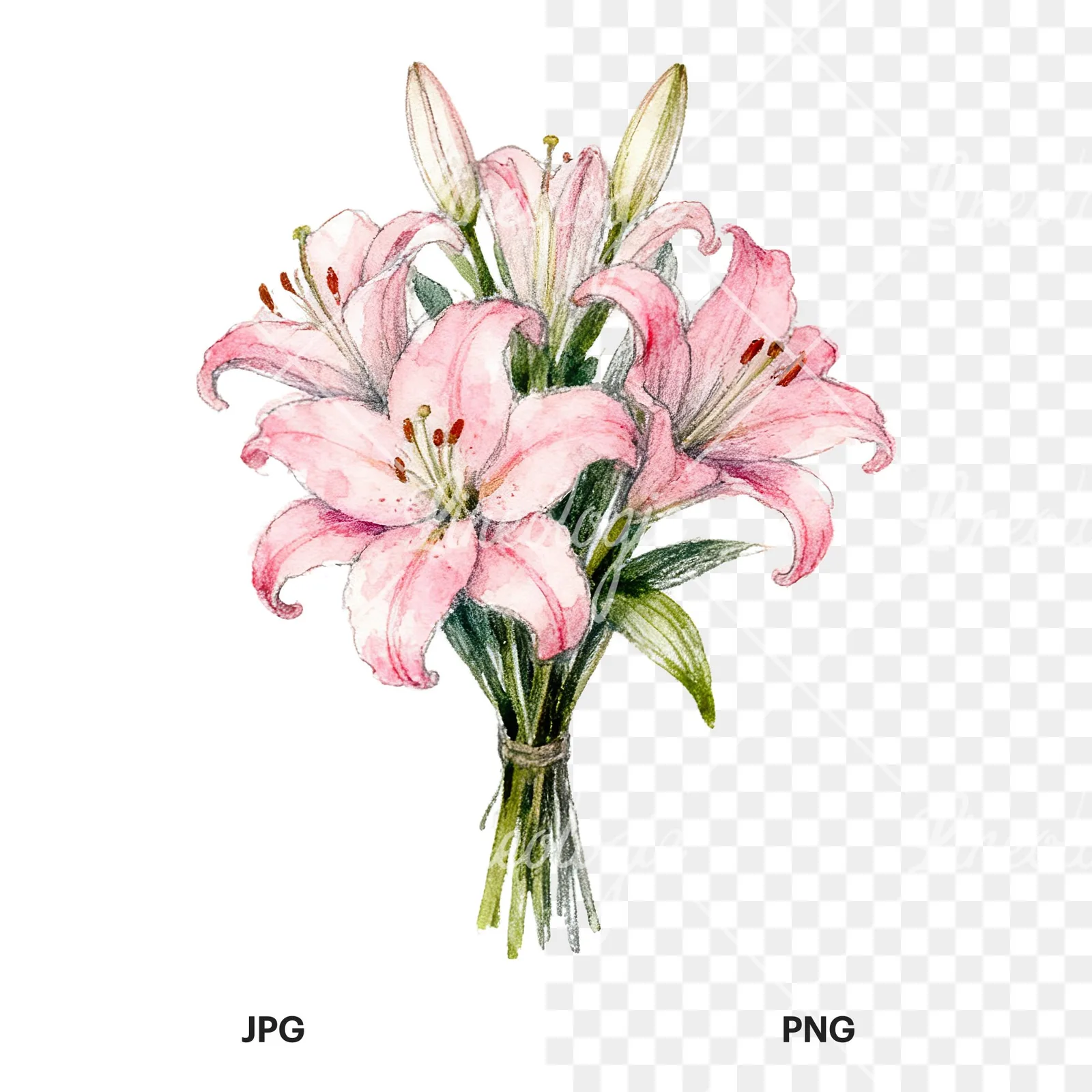 Watercolor lily bouquets pink white clipart 9 of 9, as a JPG on white and a transparent PNG
