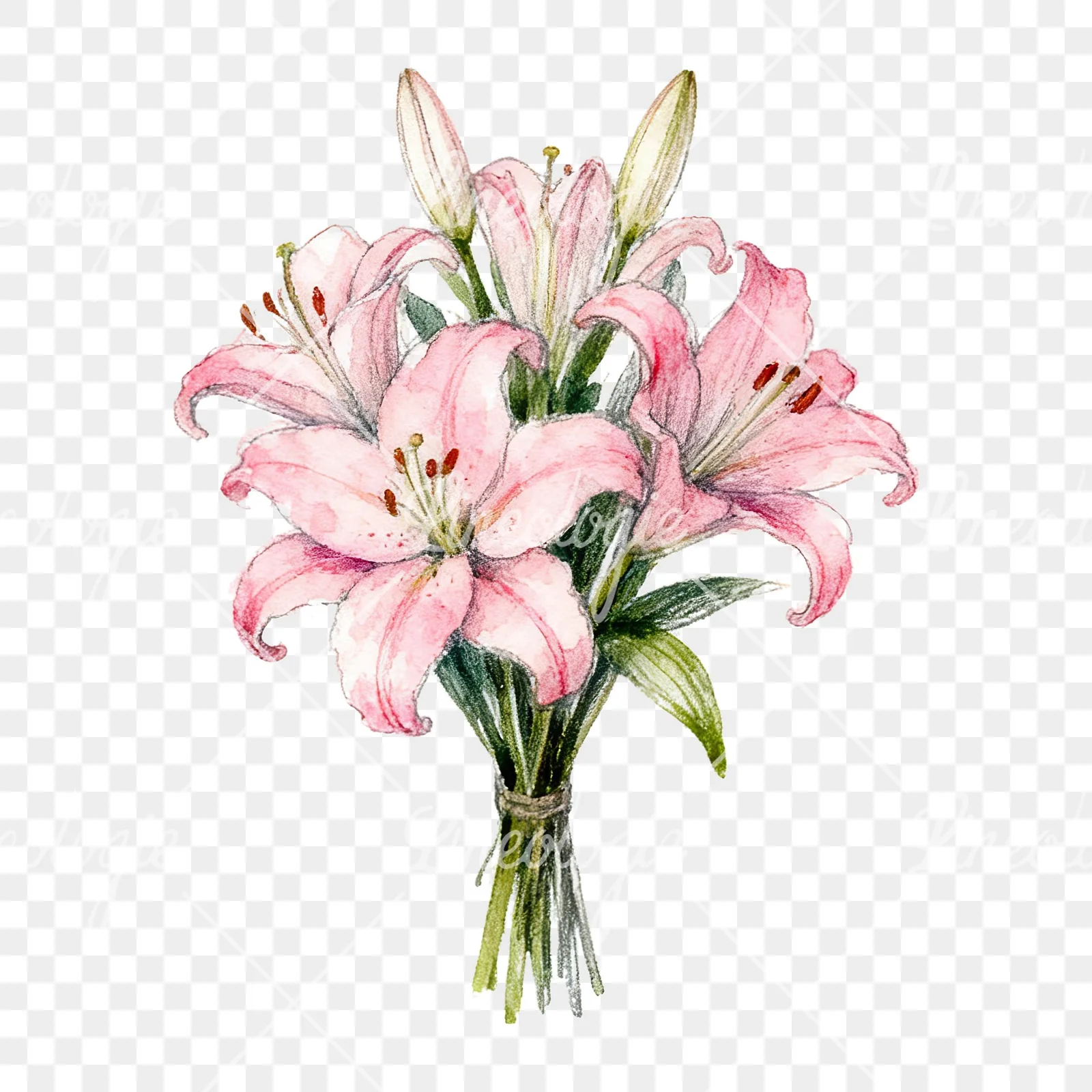 Watercolor lily bouquets pink white clipart 9 of 9 on a transparent background (PNG)