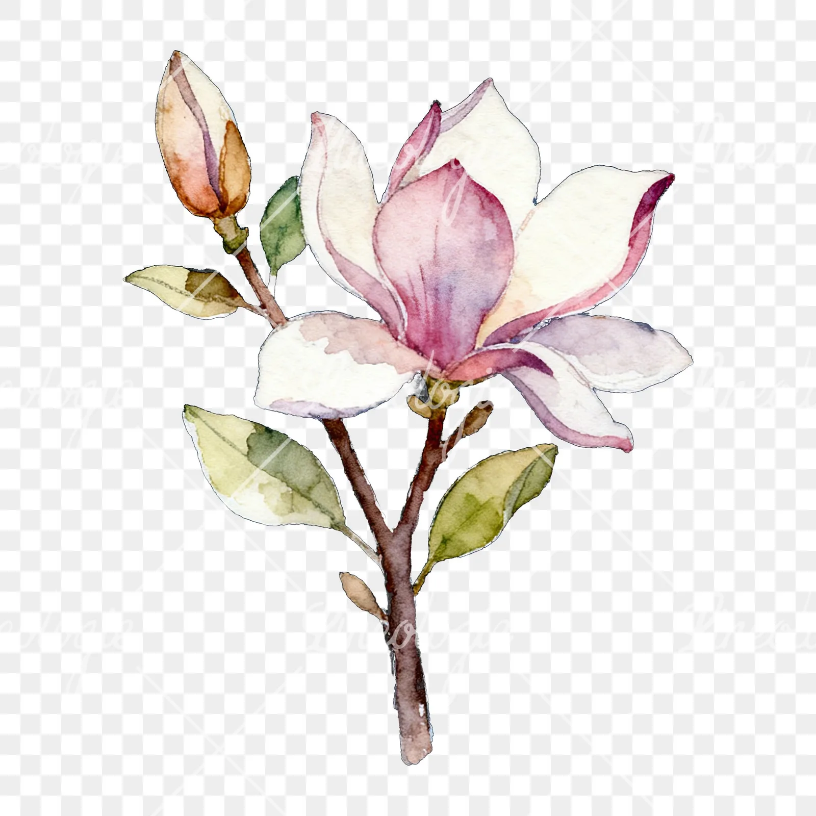 Watercolor purple and white magnolia bouquet clipart 1 of 9 on a transparent background (PNG)