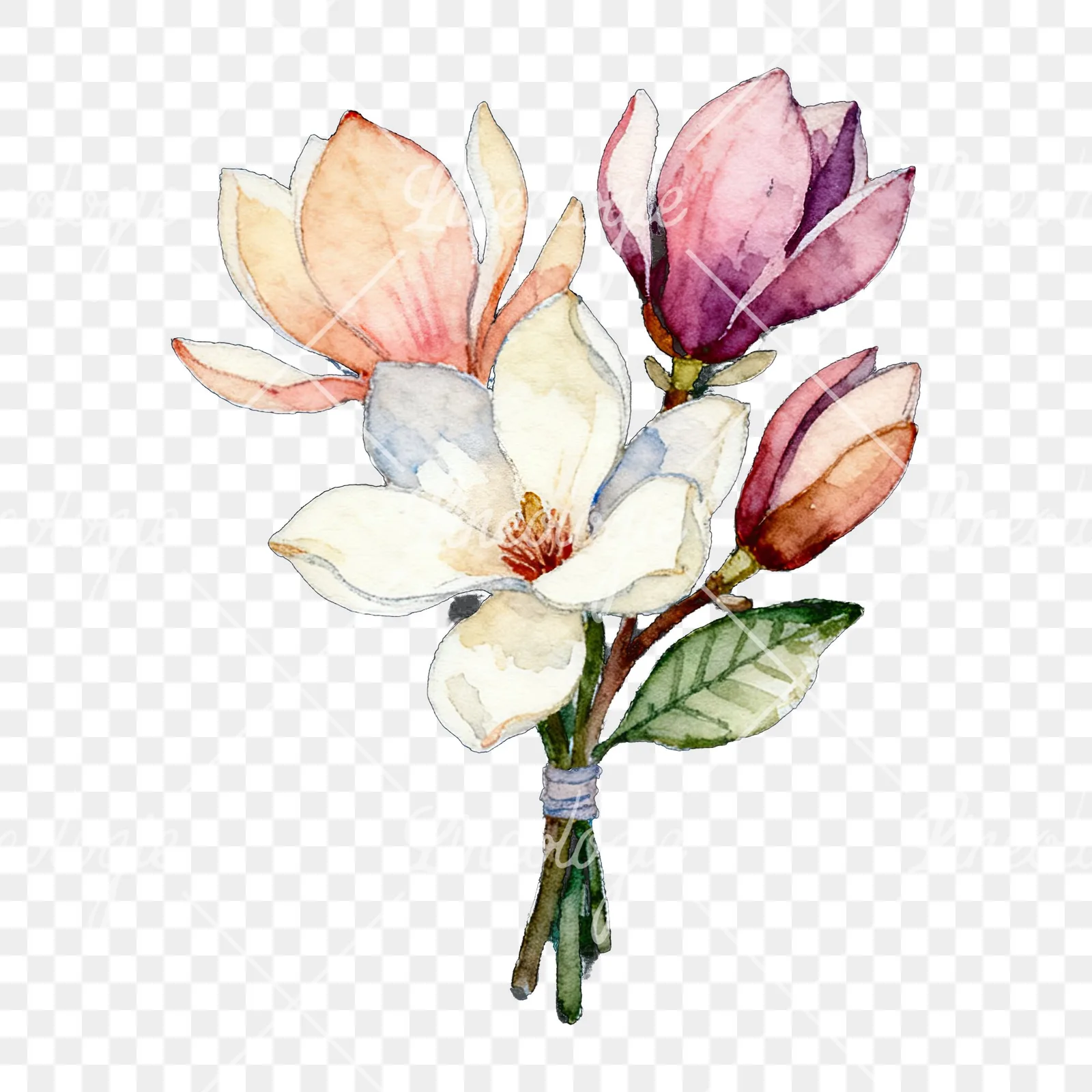 Watercolor purple and white magnolia bouquet clipart 2 of 9 on a transparent background (PNG)