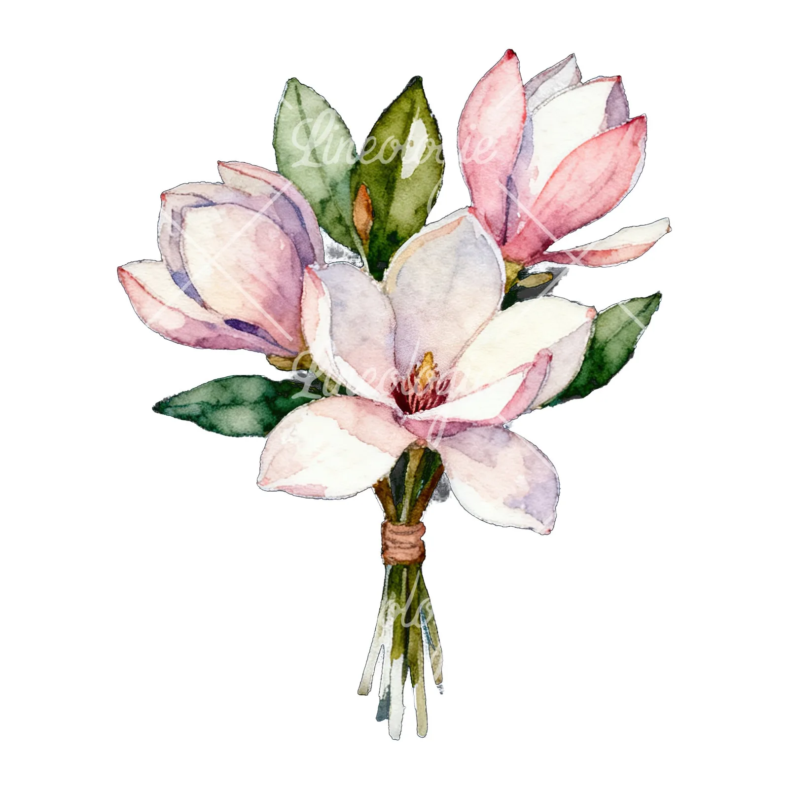 Watercolor purple and white magnolia bouquet clipart 3 of 9 on a white background (JPG)