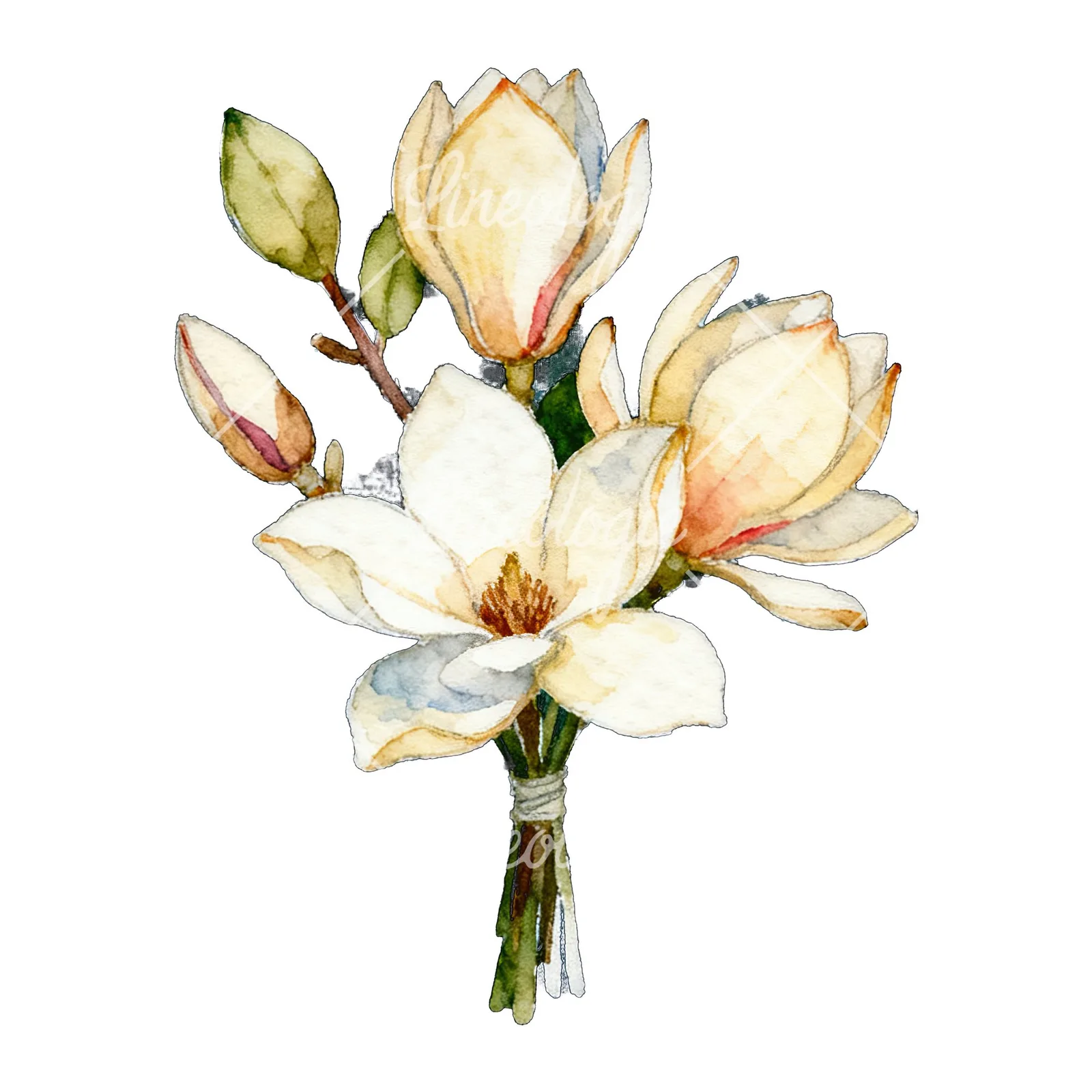 Watercolor purple and white magnolia bouquet clipart 4 of 9 on a white background (JPG)