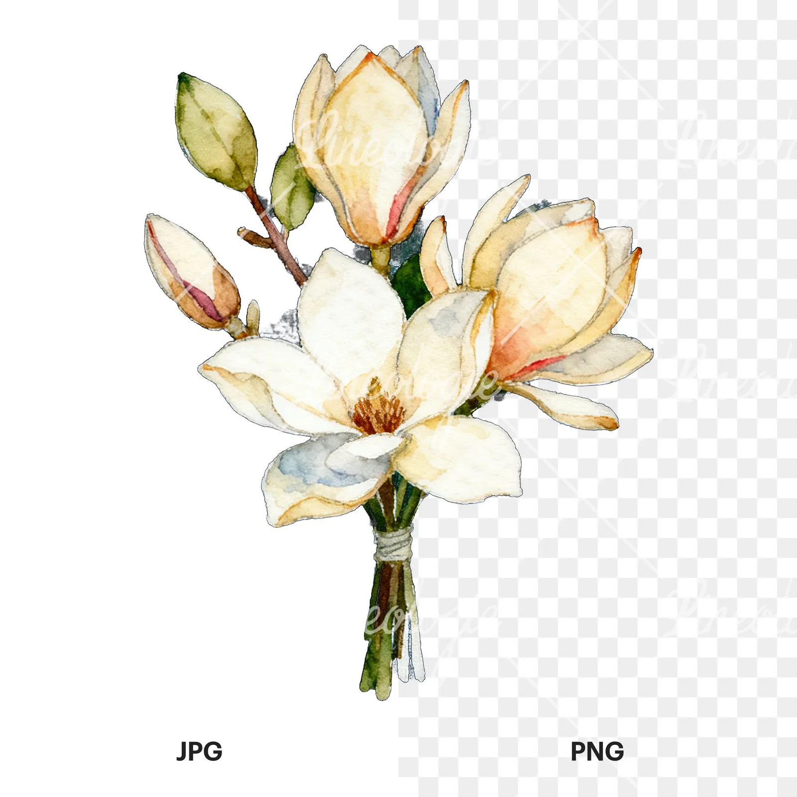 Watercolor purple and white magnolia bouquet clipart 4 of 9, as a JPG on white and a transparent PNG