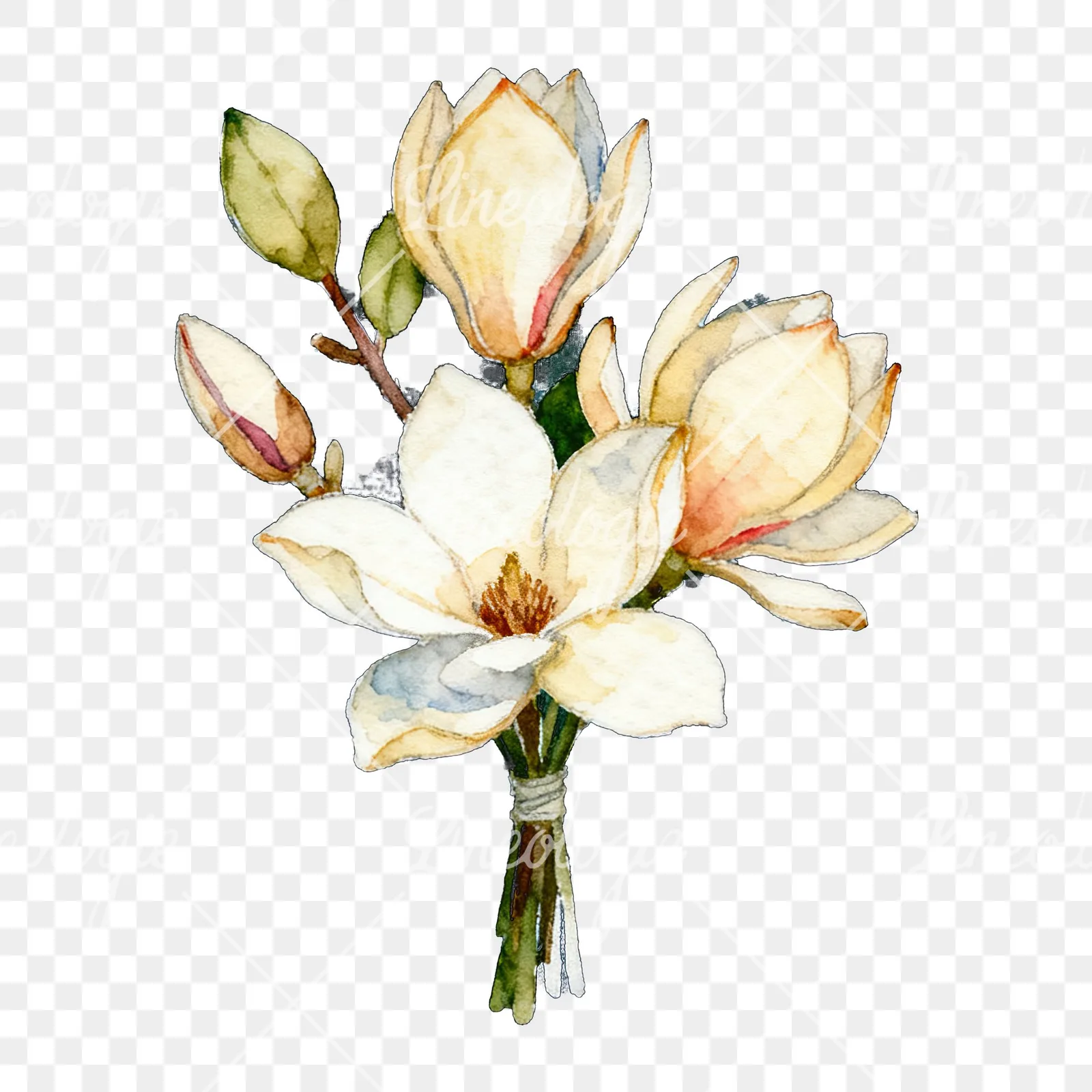 Watercolor purple and white magnolia bouquet clipart 4 of 9 on a transparent background (PNG)