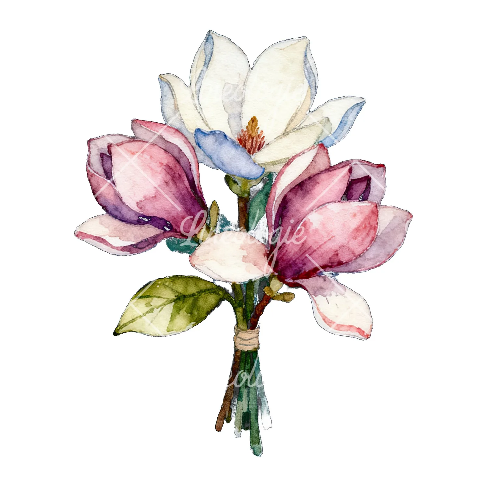 Watercolor purple and white magnolia bouquet clipart 5 of 9 on a white background (JPG)