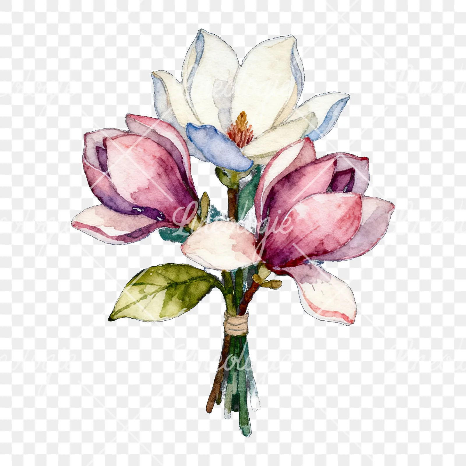 Watercolor purple and white magnolia bouquet clipart 5 of 9 on a transparent background (PNG)