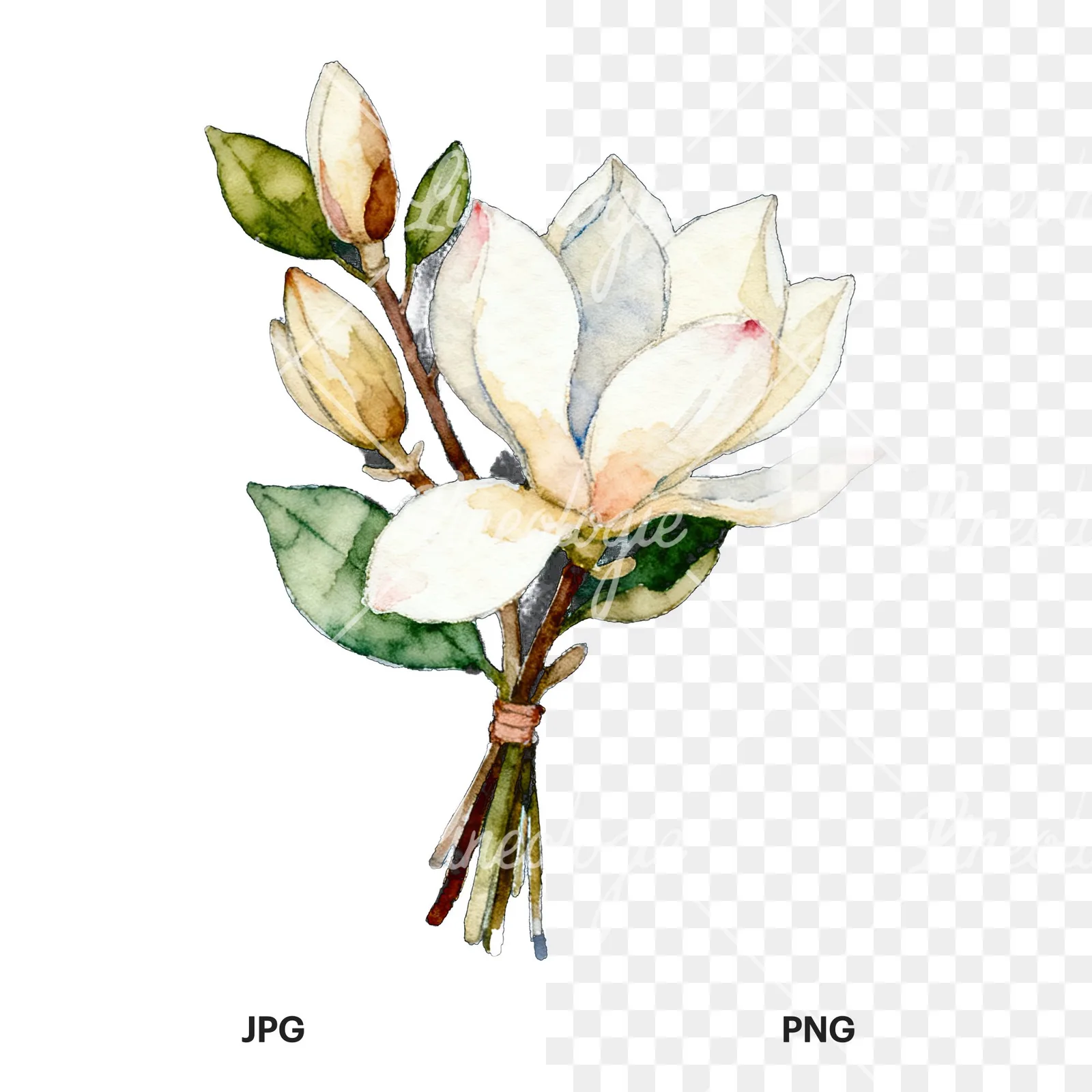 Watercolor purple and white magnolia bouquet clipart 6 of 9, as a JPG on white and a transparent PNG
