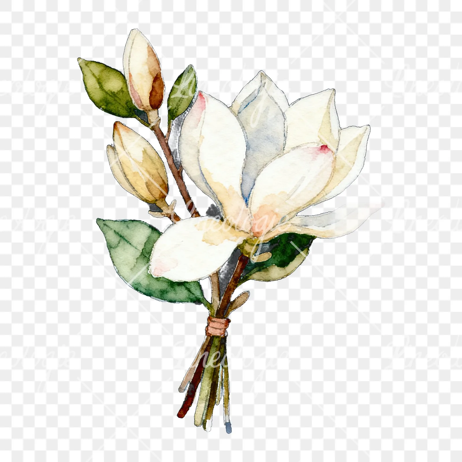 Watercolor purple and white magnolia bouquet clipart 6 of 9 on a transparent background (PNG)