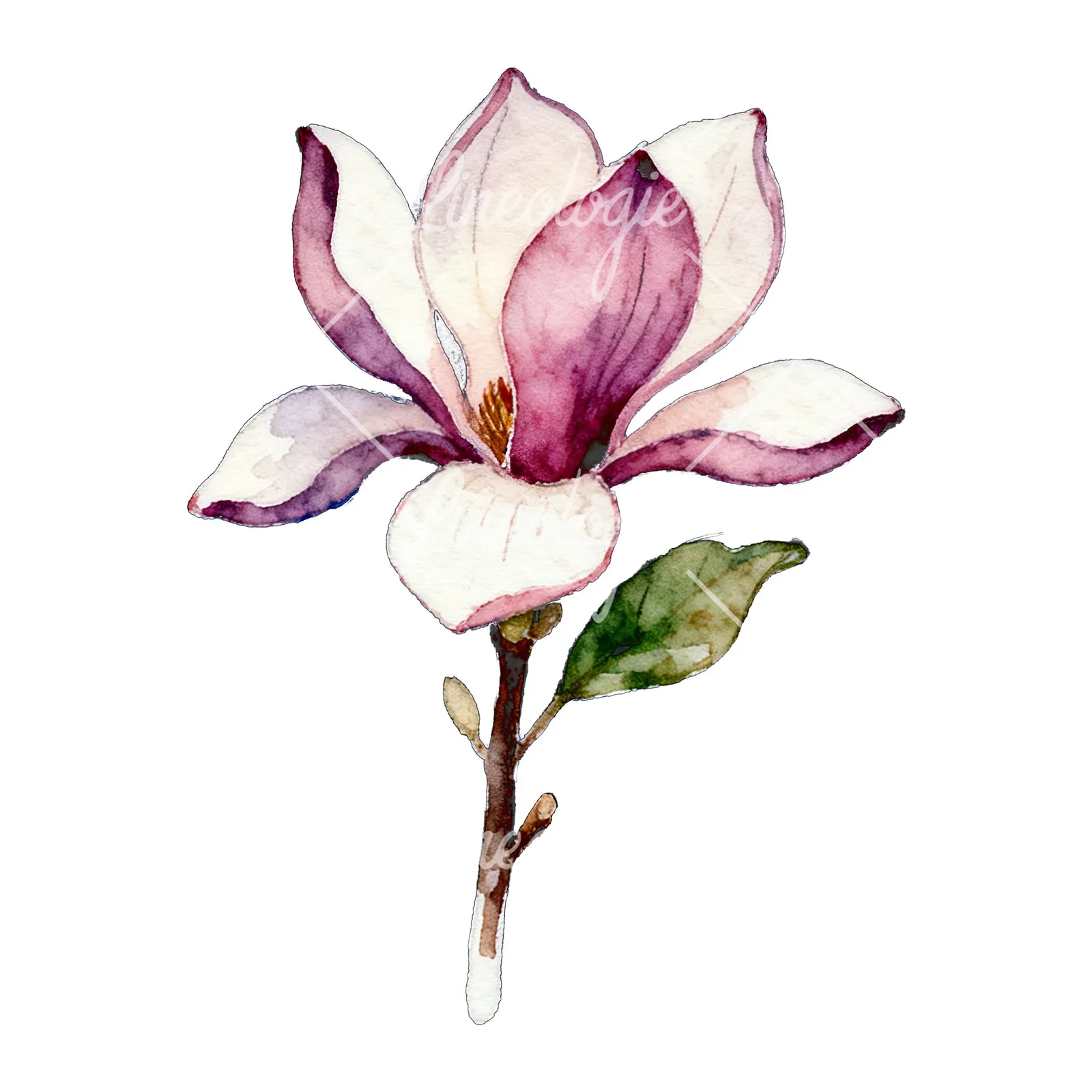Watercolor purple and white magnolia bouquet clipart 7 of 9 on a white background (JPG)