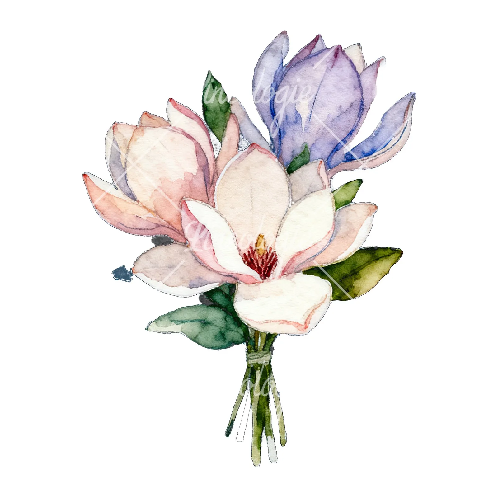 Watercolor purple and white magnolia bouquet clipart 9 of 9 on a white background (JPG)