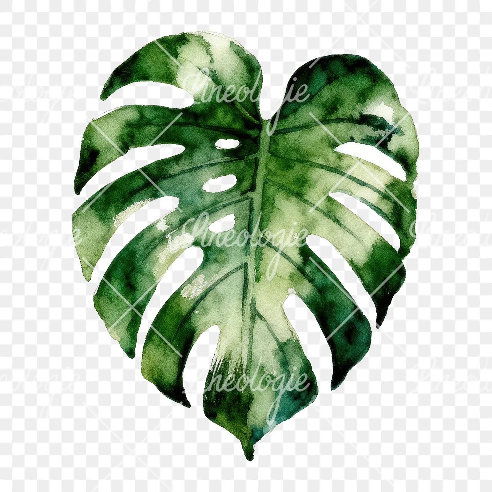 Watercolor variegated monstera leaf clipart 1 of 9 on a transparent background (PNG)