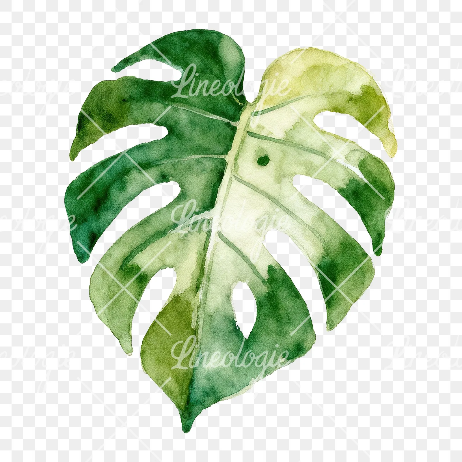 Watercolor variegated monstera leaf clipart 4 of 9 on a transparent background (PNG)