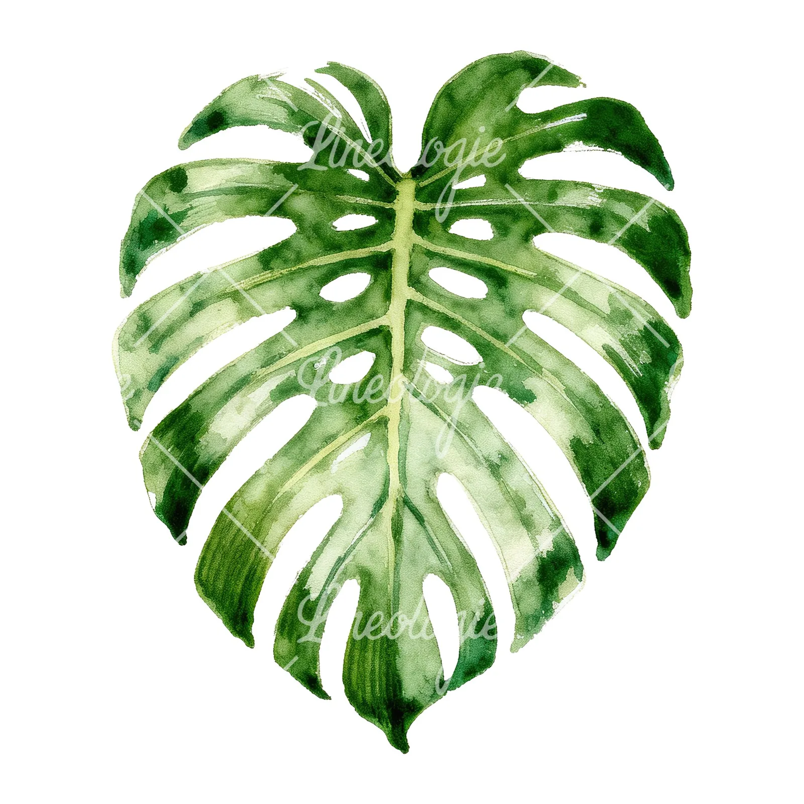Watercolor variegated monstera leaf clipart 5 of 9 on a white background (JPG)