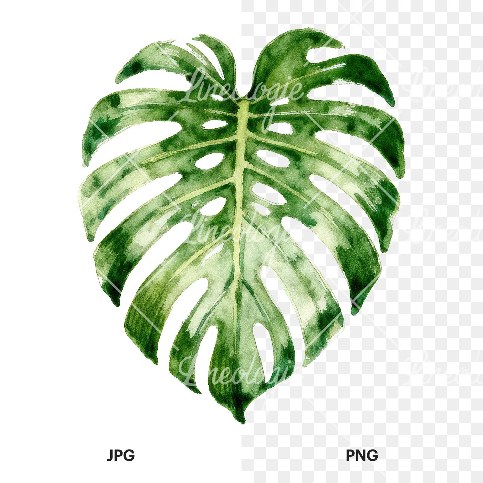 Watercolor variegated monstera leaf clipart 5 of 9, as a JPG on white and a transparent PNG