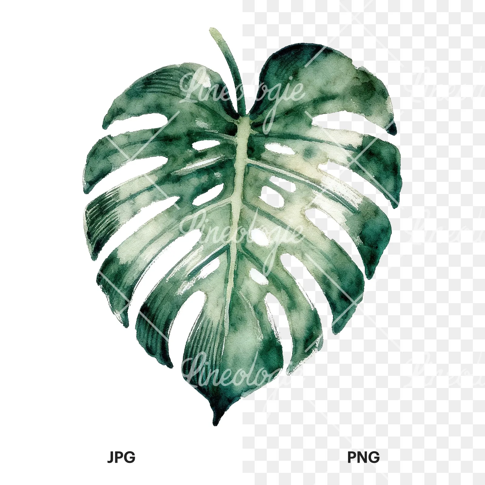 Watercolor variegated monstera leaf clipart 8 of 9, as a JPG on white and a transparent PNG