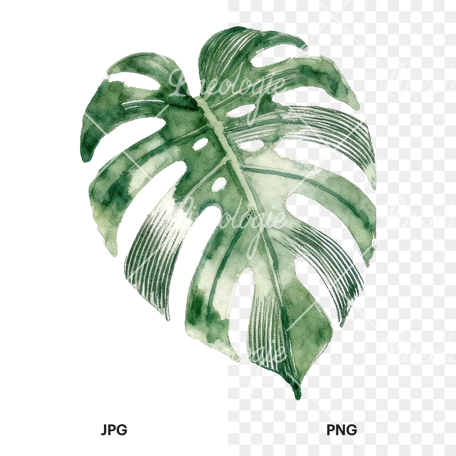 Watercolor variegated monstera leaf clipart 9 of 9, as a JPG on white and a transparent PNG