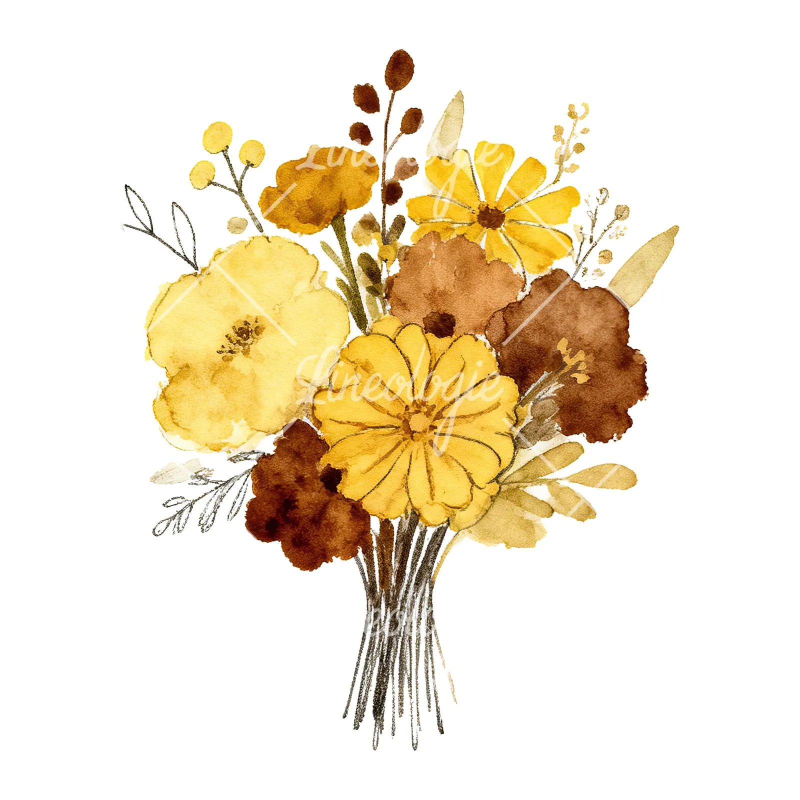 Watercolor mustard and brown wedding bouquet clipart 1 of 9 on a white background (JPG)