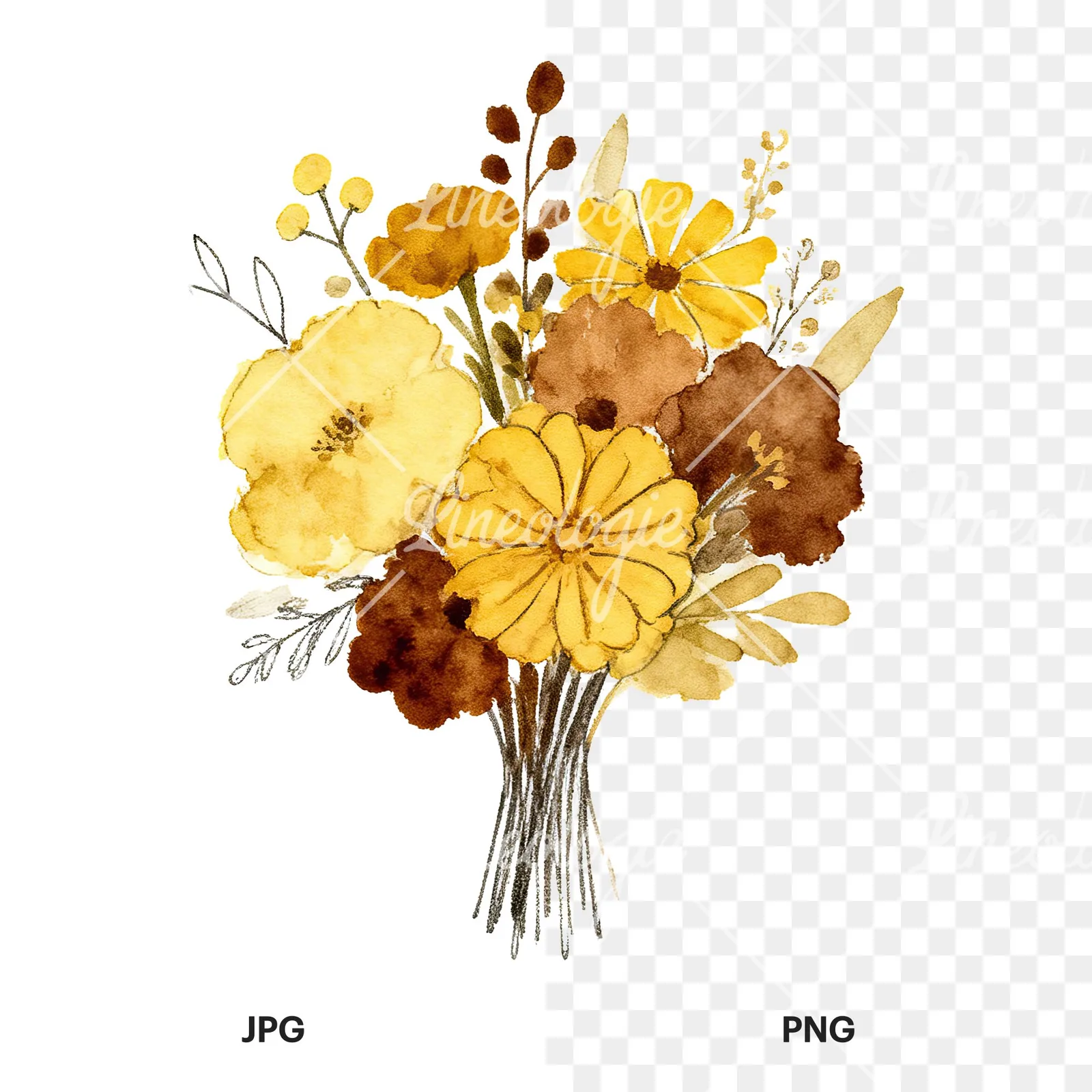 Watercolor mustard and brown wedding bouquet clipart 1 of 9, as a JPG on white and a transparent PNG
