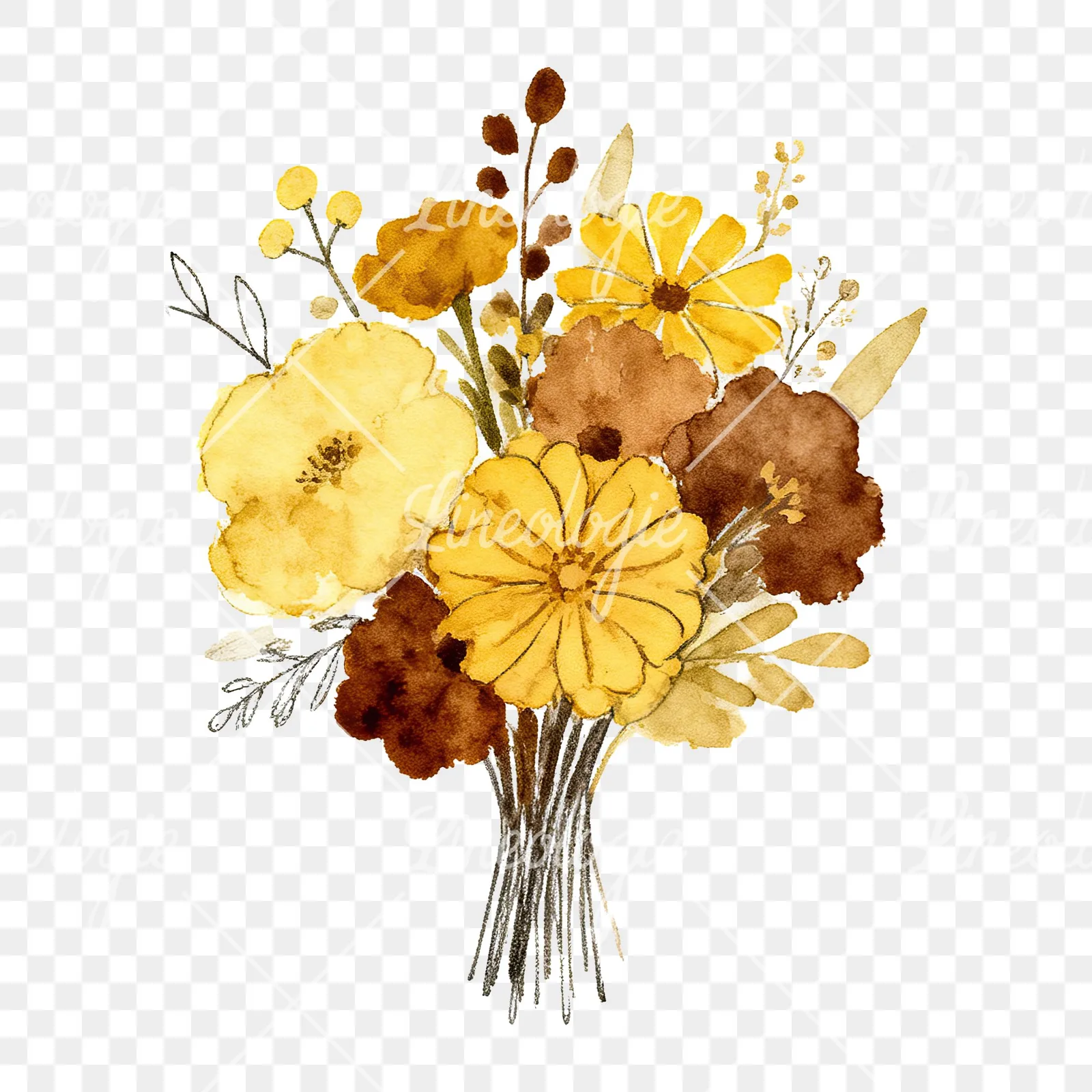 Watercolor mustard and brown wedding bouquet clipart 1 of 9 on a transparent background (PNG)