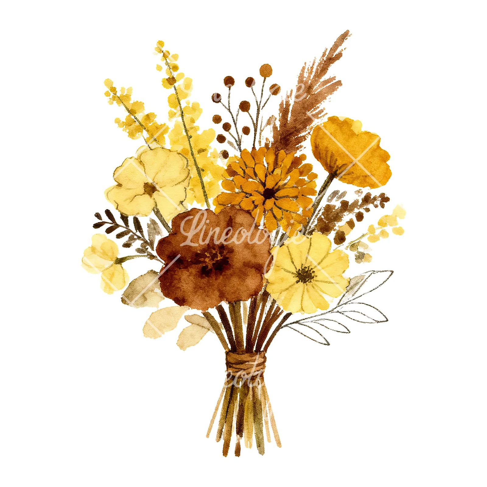Watercolor mustard and brown wedding bouquet clipart 2 of 9 on a white background (JPG)