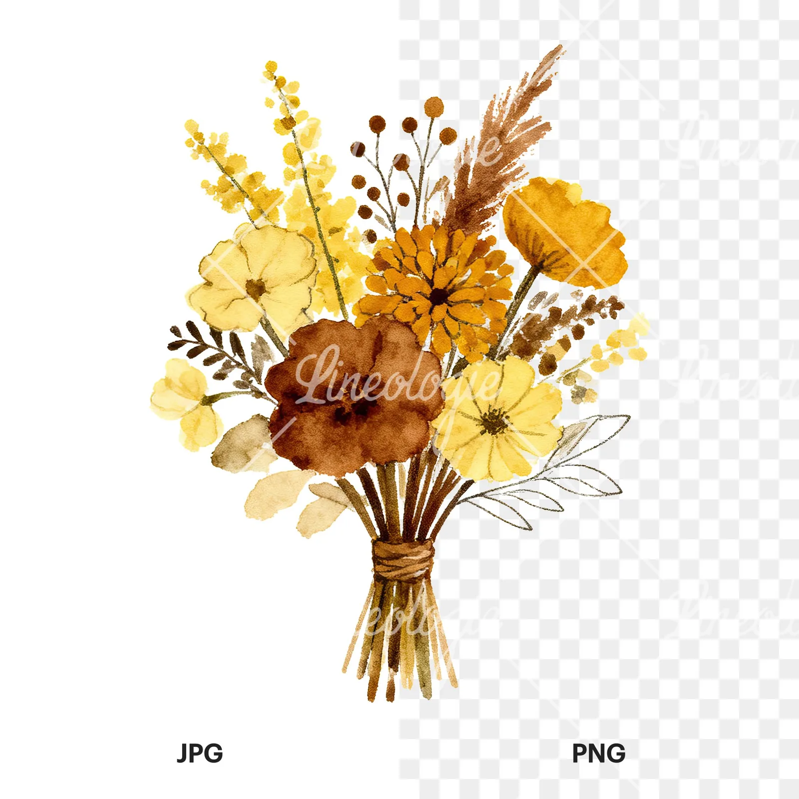 Watercolor mustard and brown wedding bouquet clipart 2 of 9, as a JPG on white and a transparent PNG