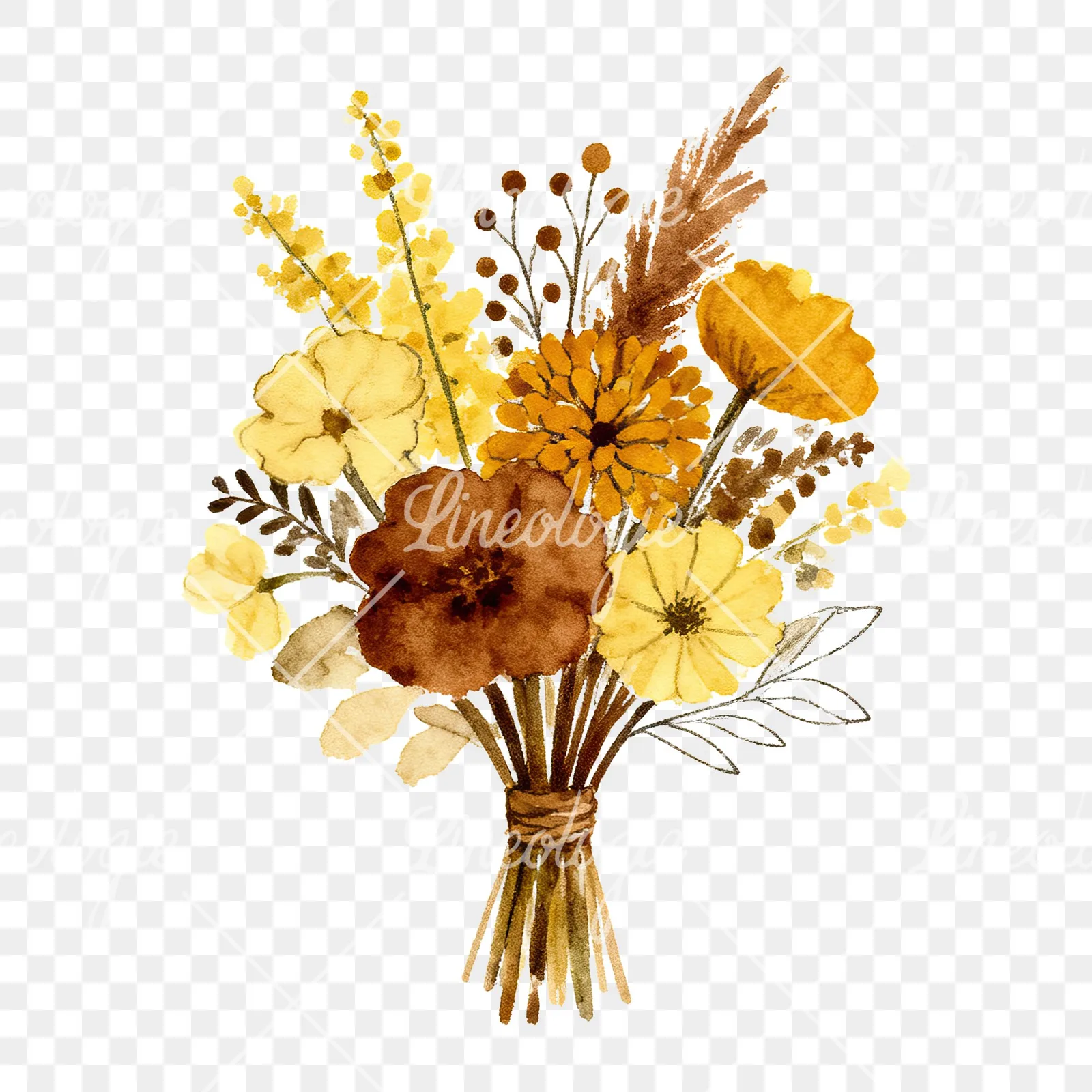 Watercolor mustard and brown wedding bouquet clipart 2 of 9 on a transparent background (PNG)