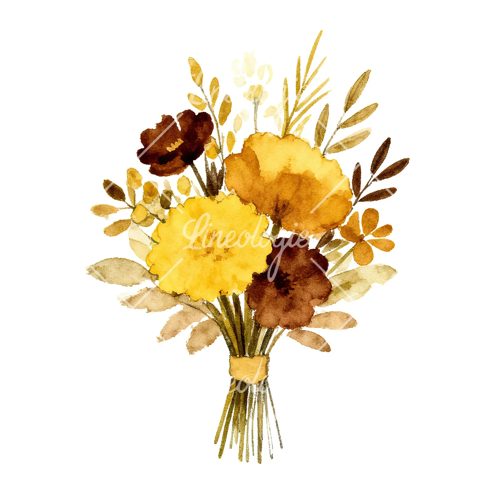 Watercolor mustard and brown wedding bouquet clipart 3 of 9 on a white background (JPG)