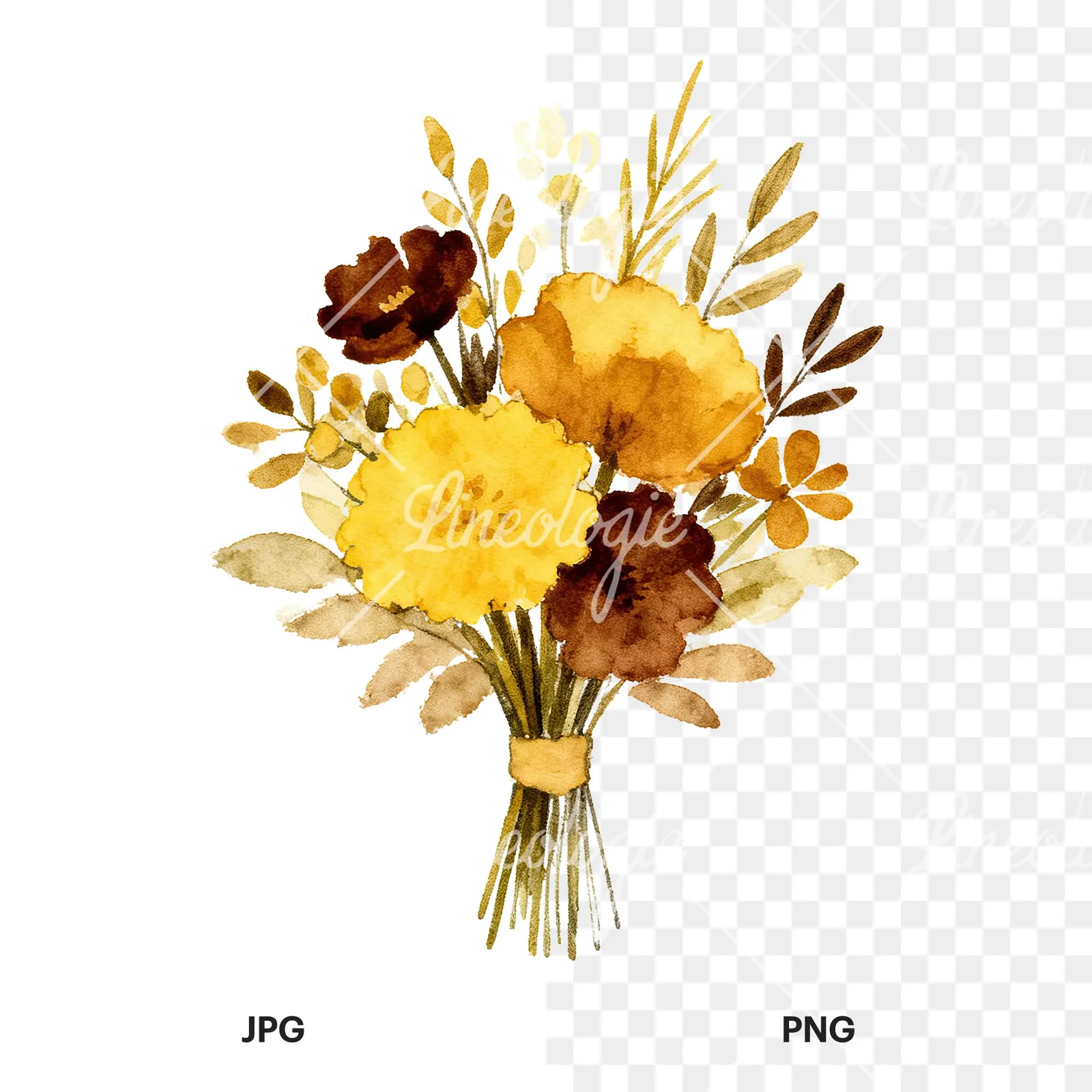 Watercolor mustard and brown wedding bouquet clipart 3 of 9, as a JPG on white and a transparent PNG