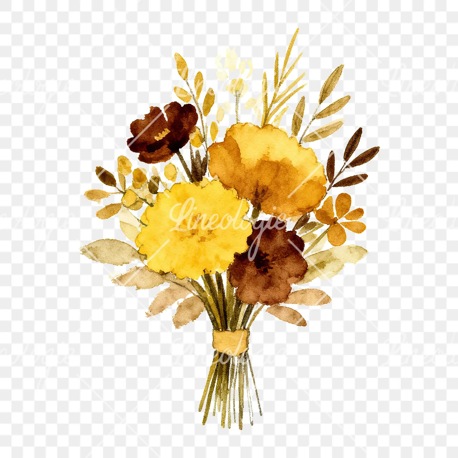Watercolor mustard and brown wedding bouquet clipart 3 of 9 on a transparent background (PNG)