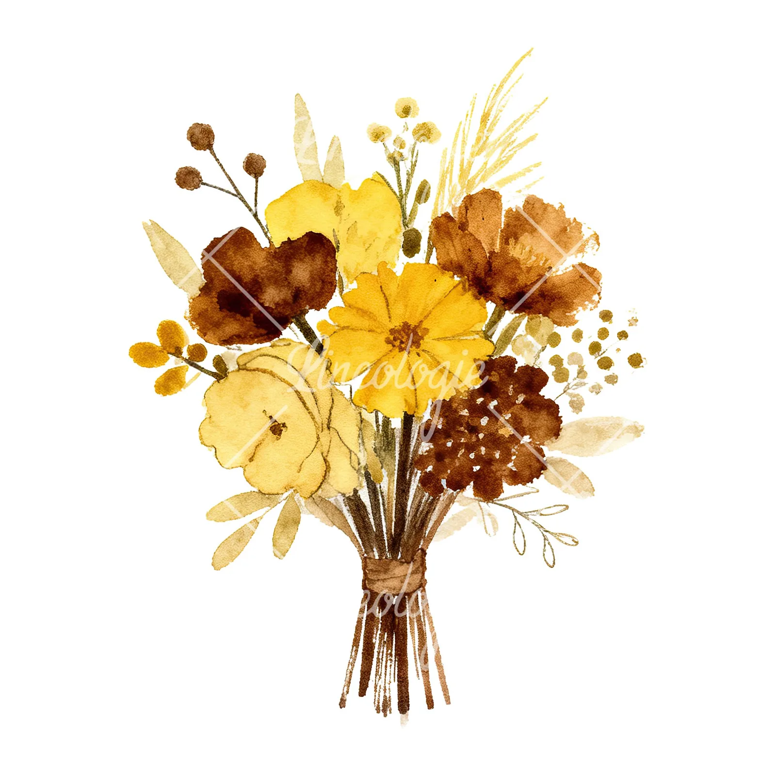 Watercolor mustard and brown wedding bouquet clipart 4 of 9 on a white background (JPG)