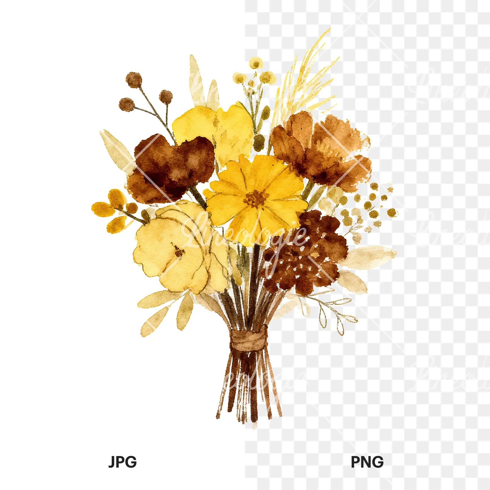Watercolor mustard and brown wedding bouquet clipart 4 of 9, as a JPG on white and a transparent PNG