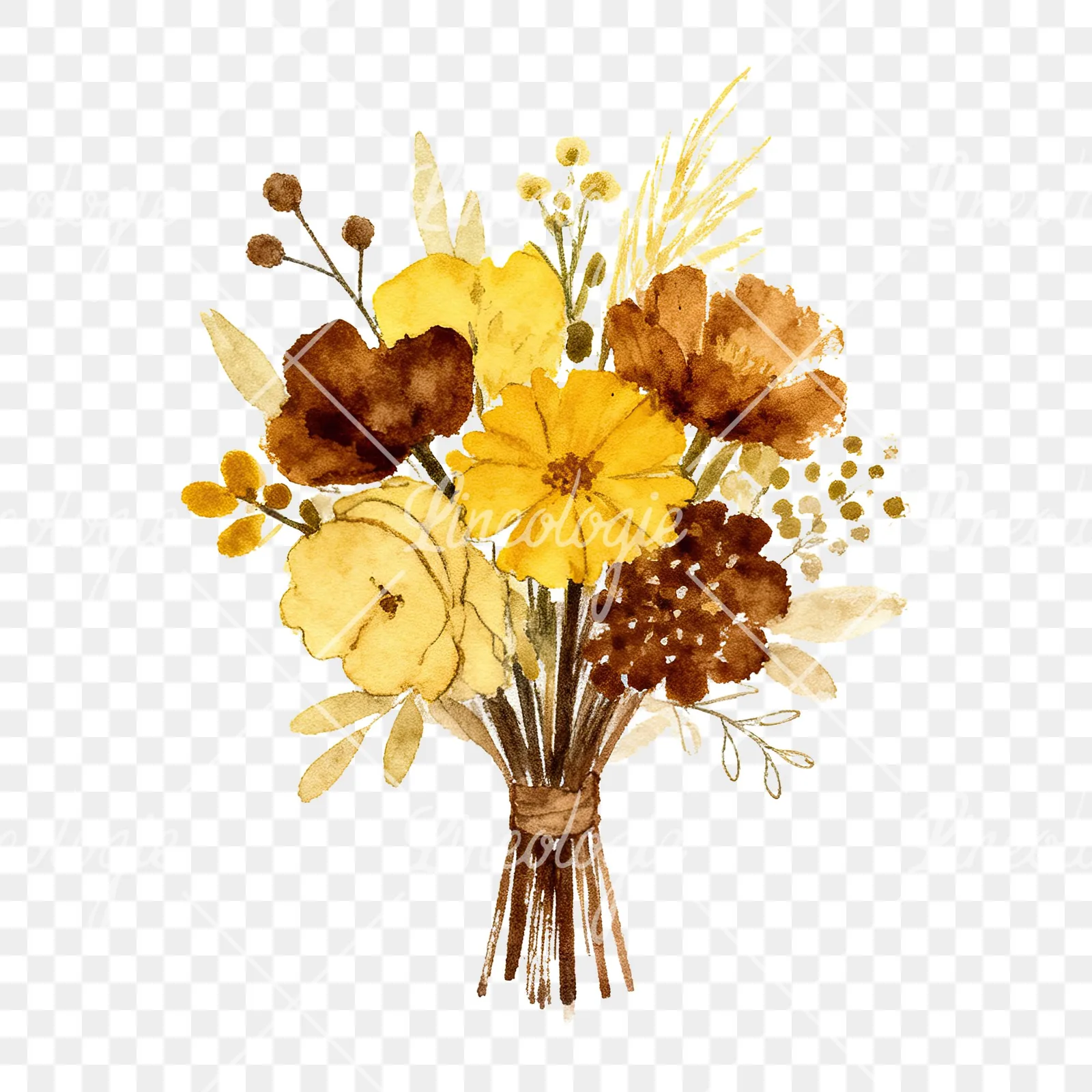 Watercolor mustard and brown wedding bouquet clipart 4 of 9 on a transparent background (PNG)