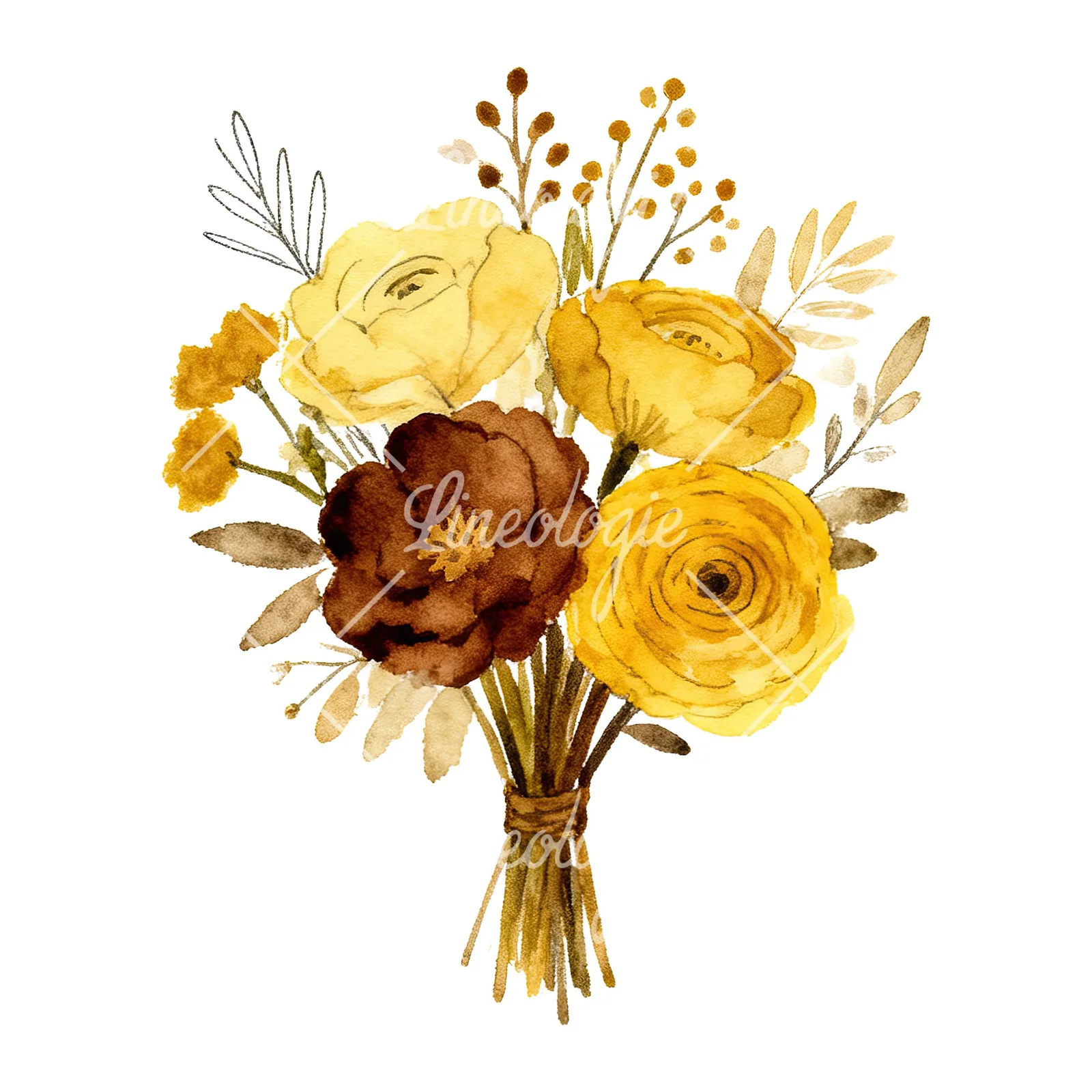 Watercolor mustard and brown wedding bouquet clipart 5 of 9 on a white background (JPG)