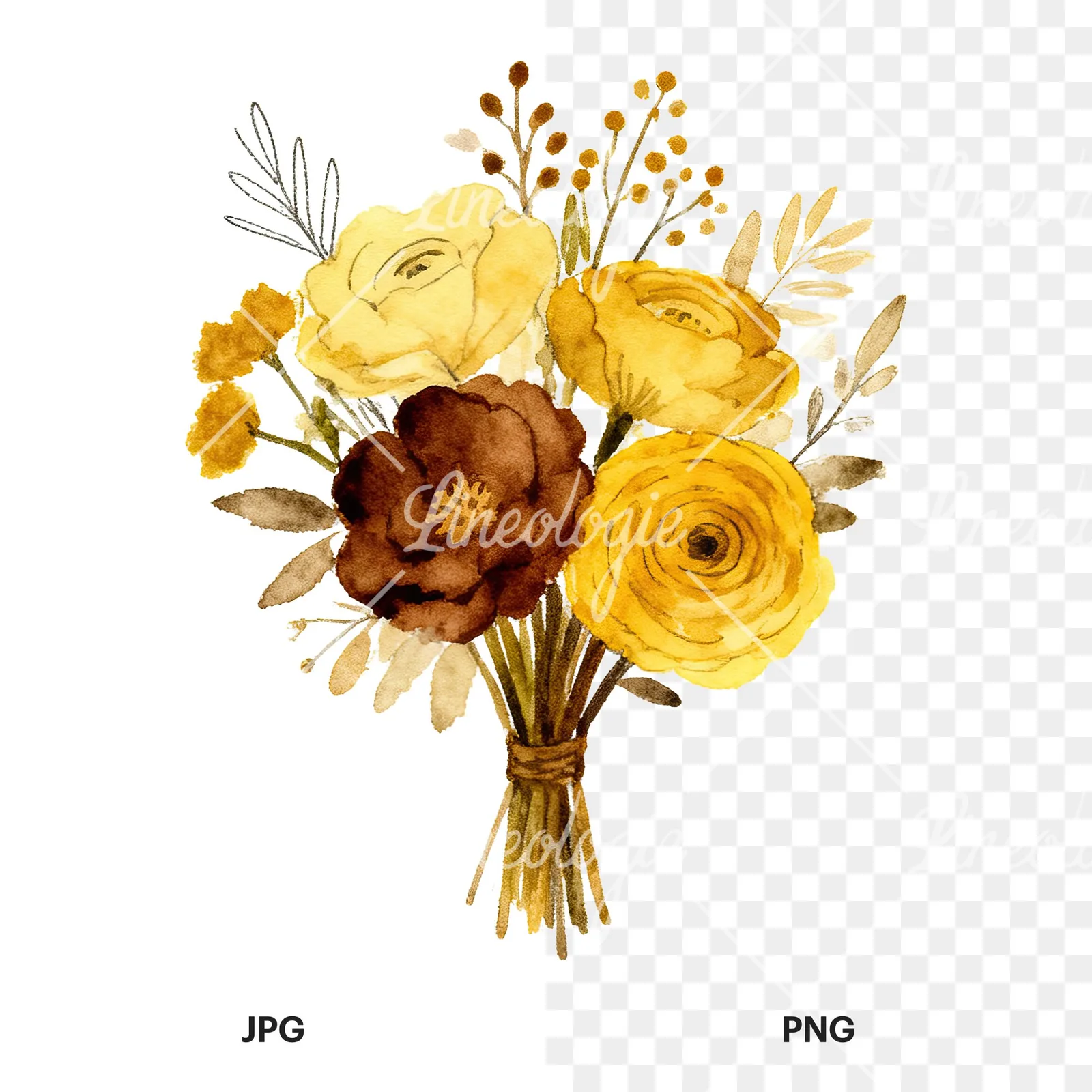 Watercolor mustard and brown wedding bouquet clipart 5 of 9, as a JPG on white and a transparent PNG
