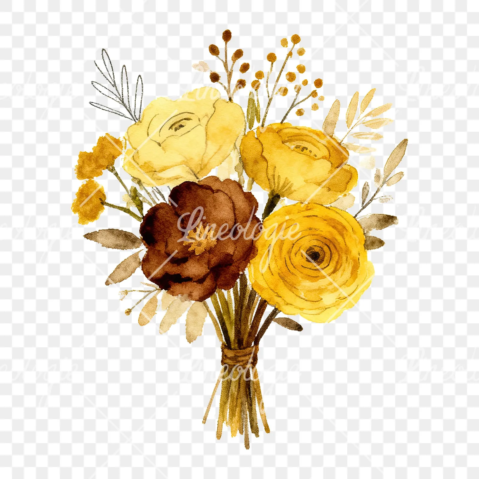 Watercolor mustard and brown wedding bouquet clipart 5 of 9 on a transparent background (PNG)