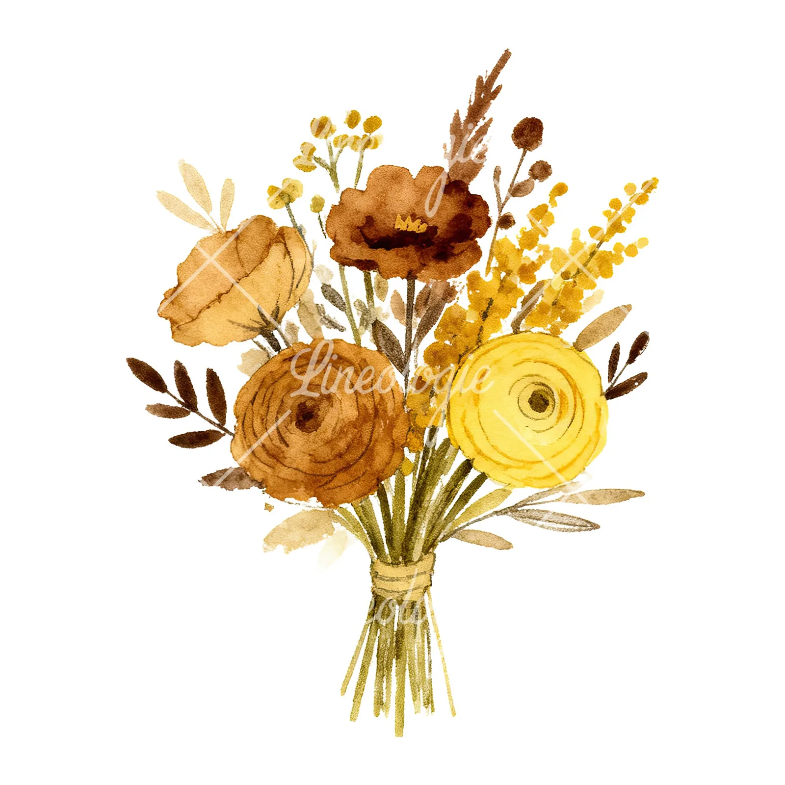 Watercolor mustard and brown wedding bouquet clipart 6 of 9 on a white background (JPG)