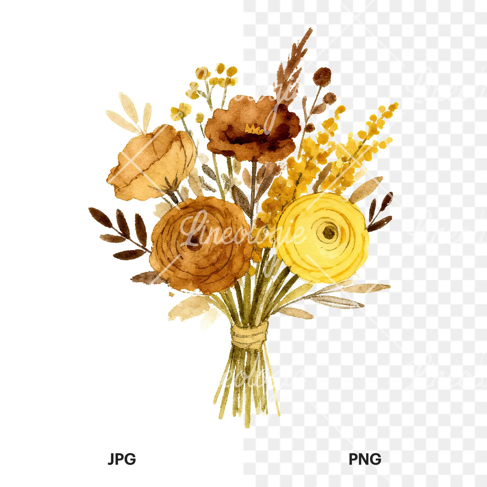 Watercolor mustard and brown wedding bouquet clipart 6 of 9, as a JPG on white and a transparent PNG