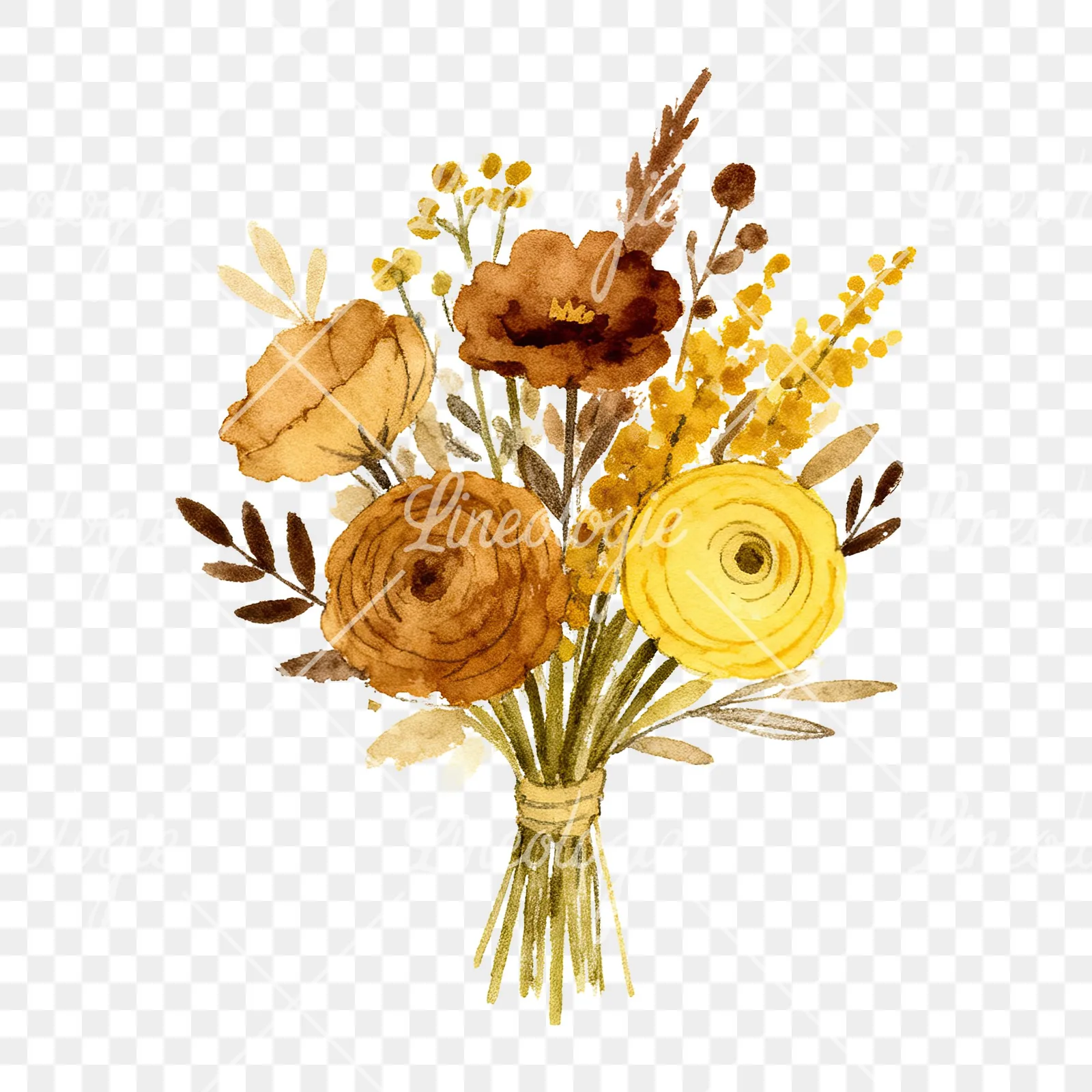 Watercolor mustard and brown wedding bouquet clipart 6 of 9 on a transparent background (PNG)