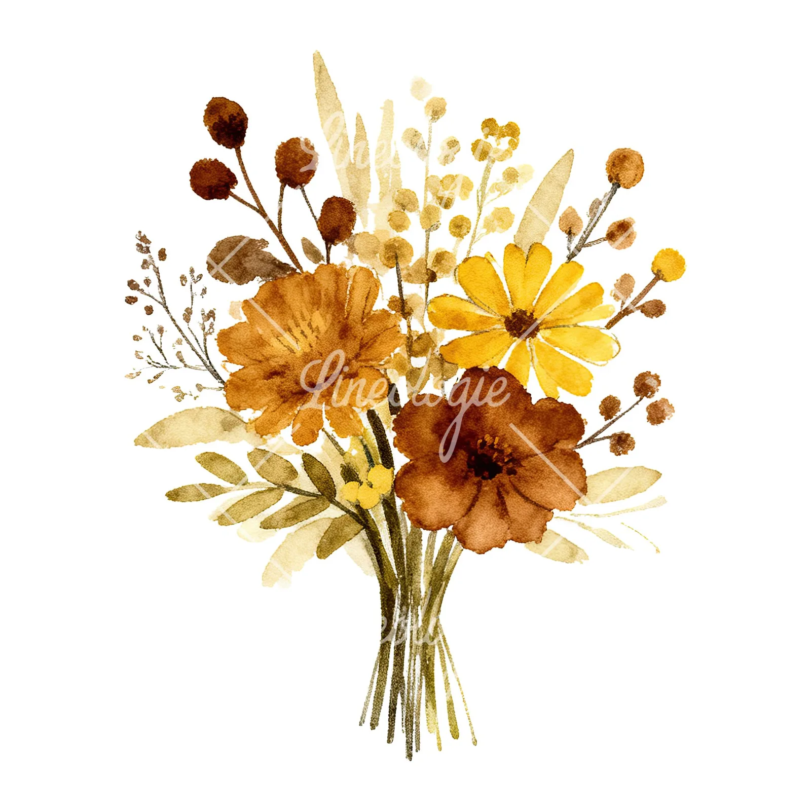 Watercolor mustard and brown wedding bouquet clipart 7 of 9 on a white background (JPG)