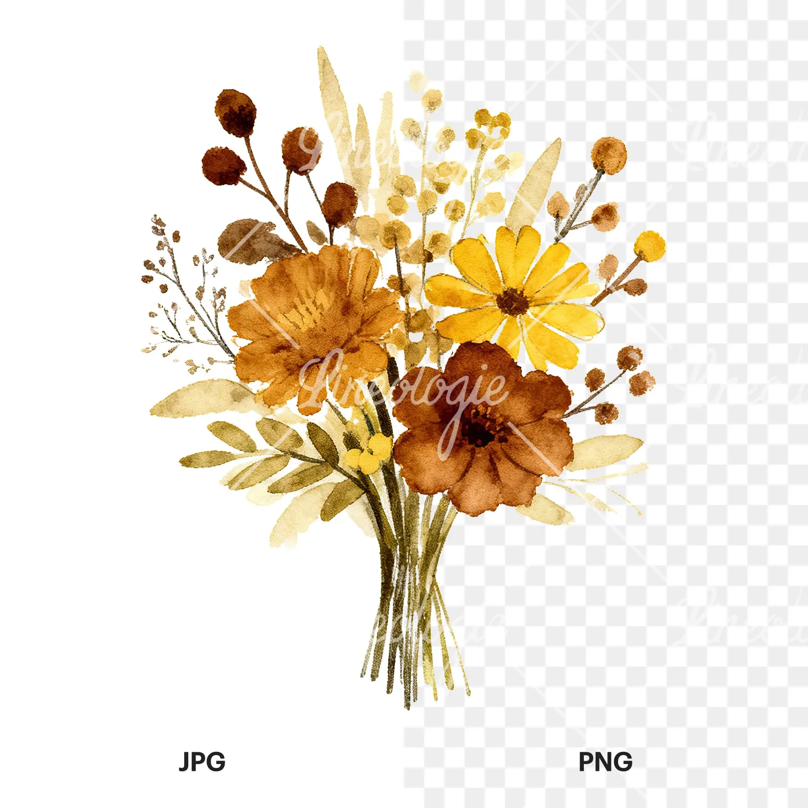 Watercolor mustard and brown wedding bouquet clipart 7 of 9, as a JPG on white and a transparent PNG