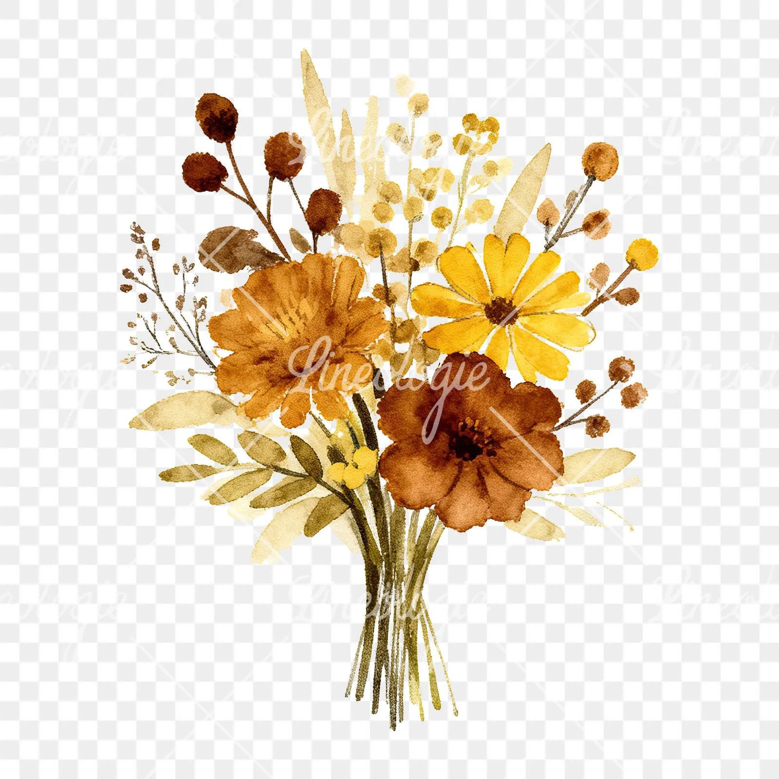 Watercolor mustard and brown wedding bouquet clipart 7 of 9 on a transparent background (PNG)