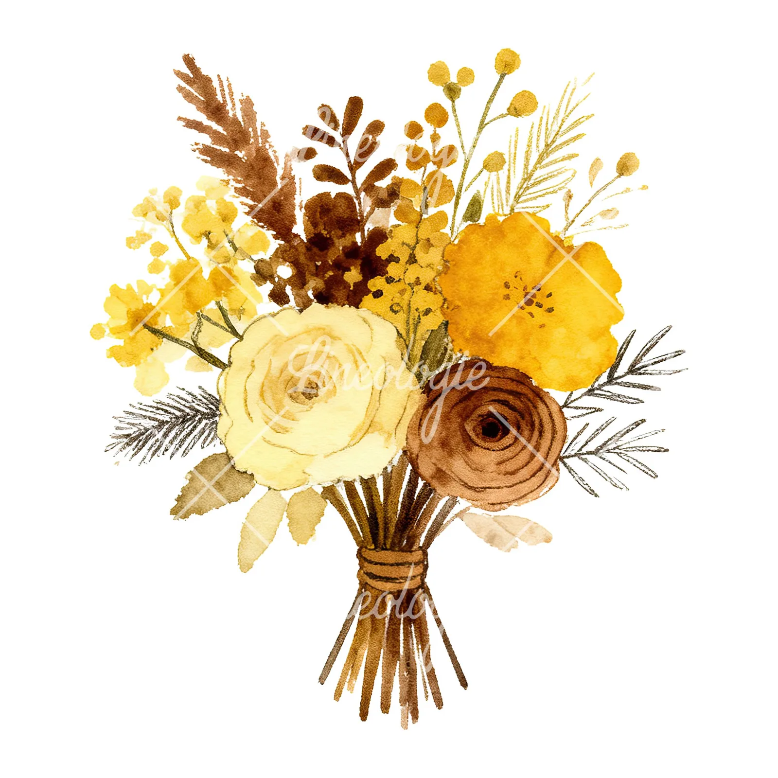 Watercolor mustard and brown wedding bouquet clipart 8 of 9 on a white background (JPG)