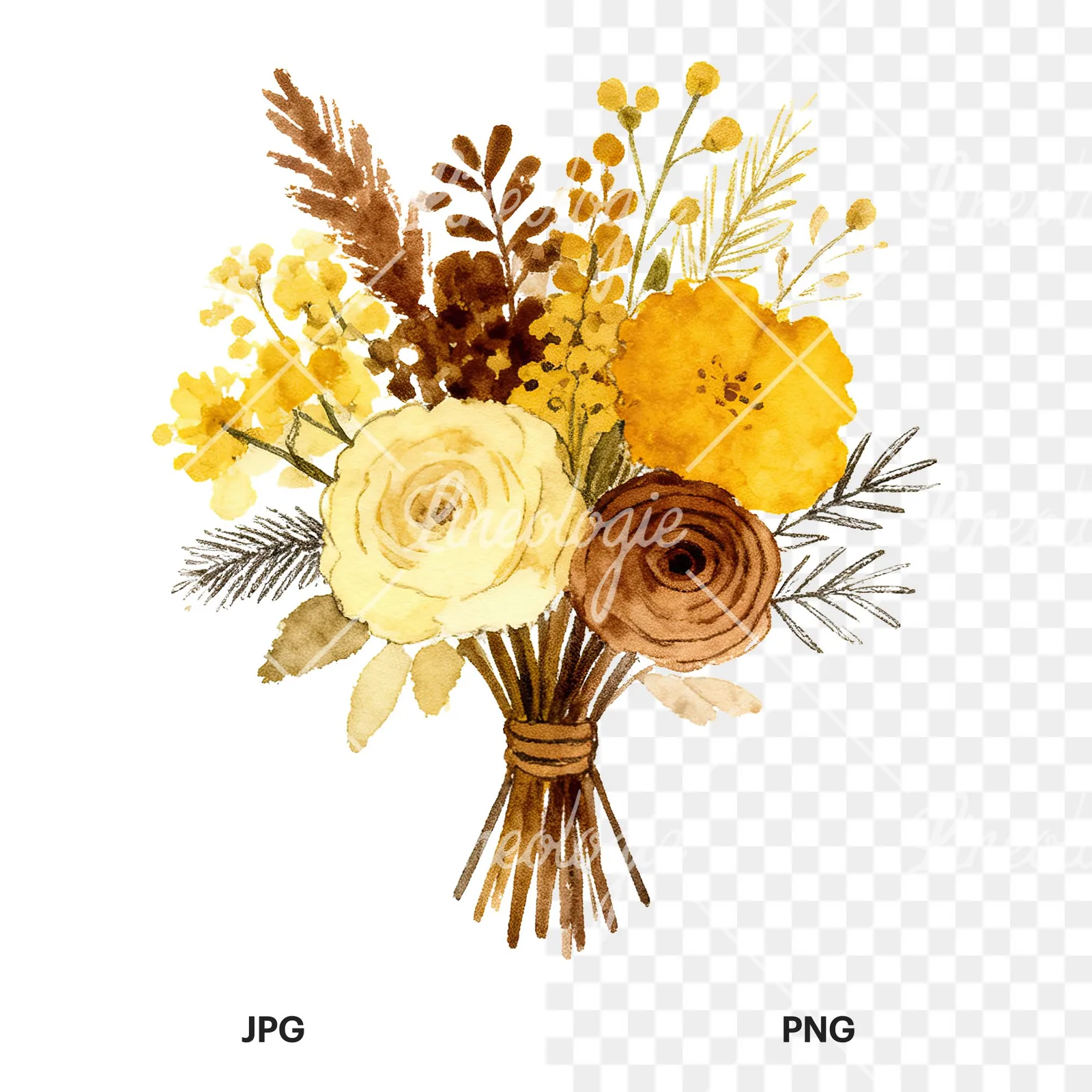 Watercolor mustard and brown wedding bouquet clipart 8 of 9, as a JPG on white and a transparent PNG