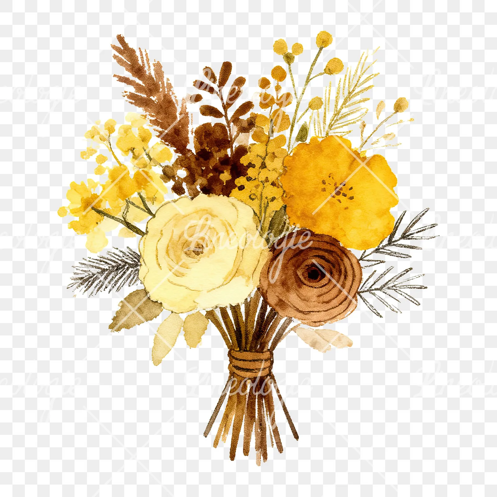 Watercolor mustard and brown wedding bouquet clipart 8 of 9 on a transparent background (PNG)