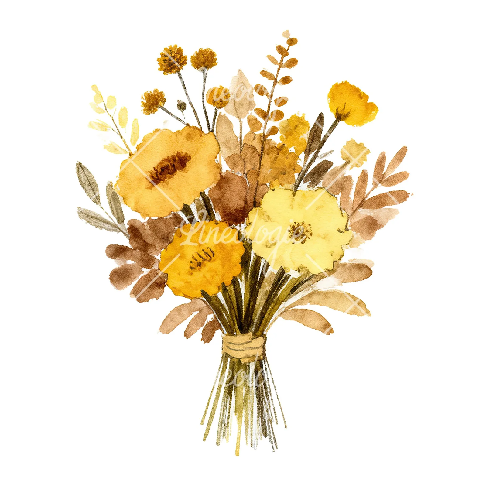 Watercolor mustard and brown wedding bouquet clipart 9 of 9 on a white background (JPG)