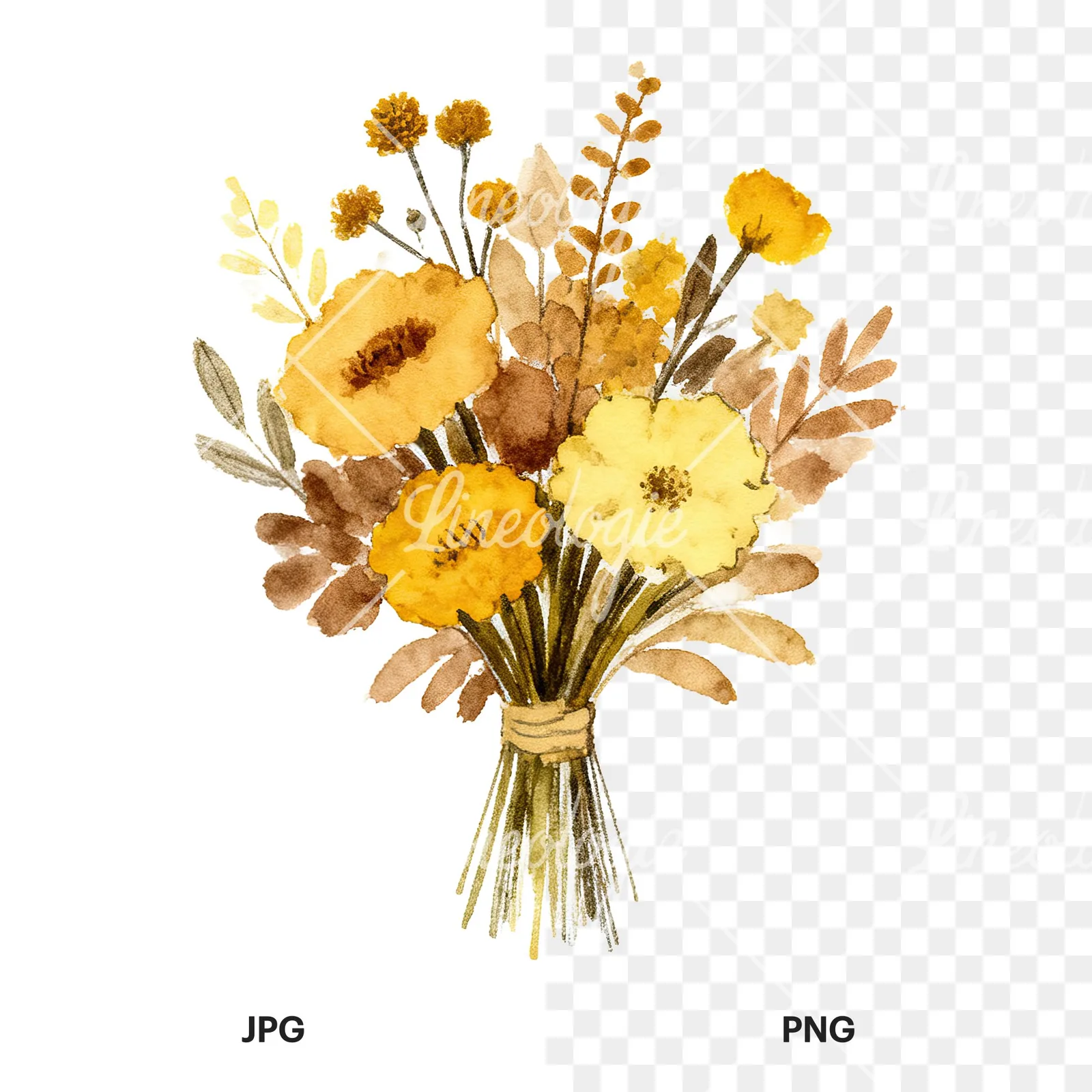 Watercolor mustard and brown wedding bouquet clipart 9 of 9, as a JPG on white and a transparent PNG