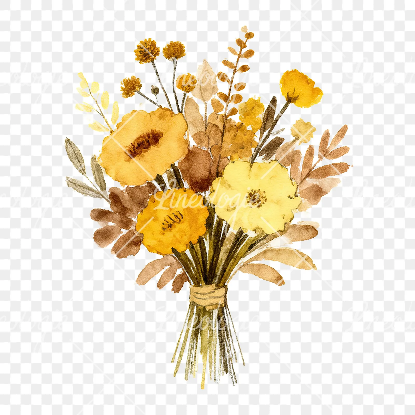 Watercolor mustard and brown wedding bouquet clipart 9 of 9 on a transparent background (PNG)